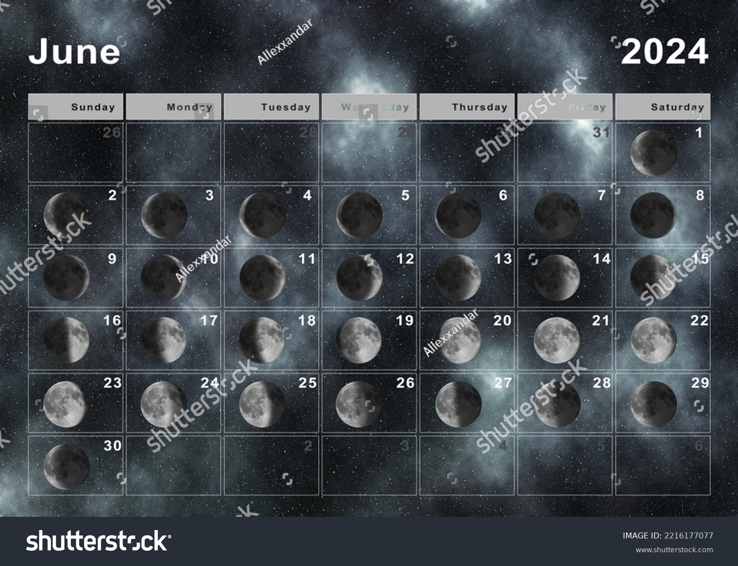 June 2024 Lunar Calendar Moon Cycles Stock Illustration 2216177077 | June 2024 Moon Phase Calendar