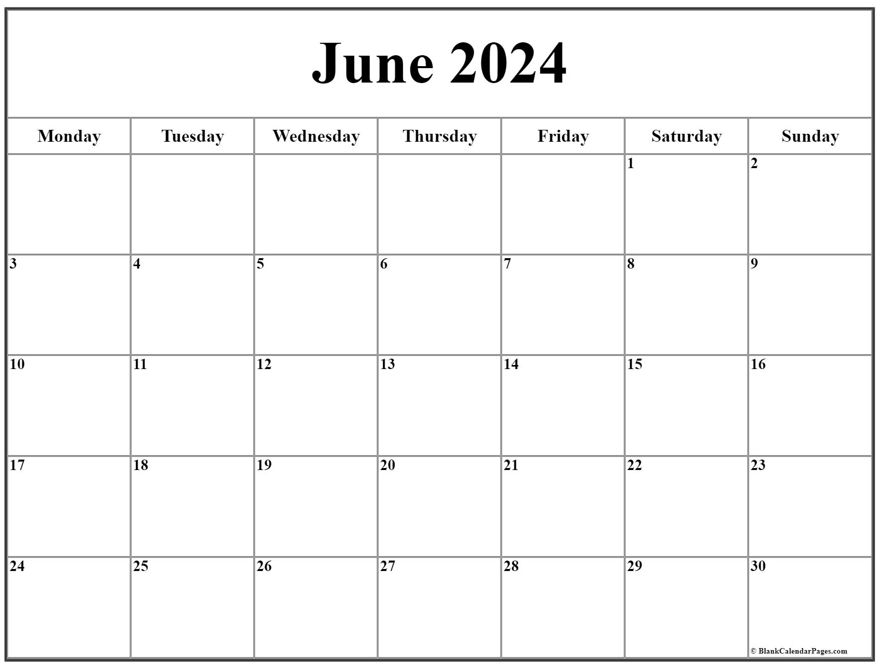 June 2024 Monday Calendar | Monday To Sunday | Blank Printable June 2024 Calendar