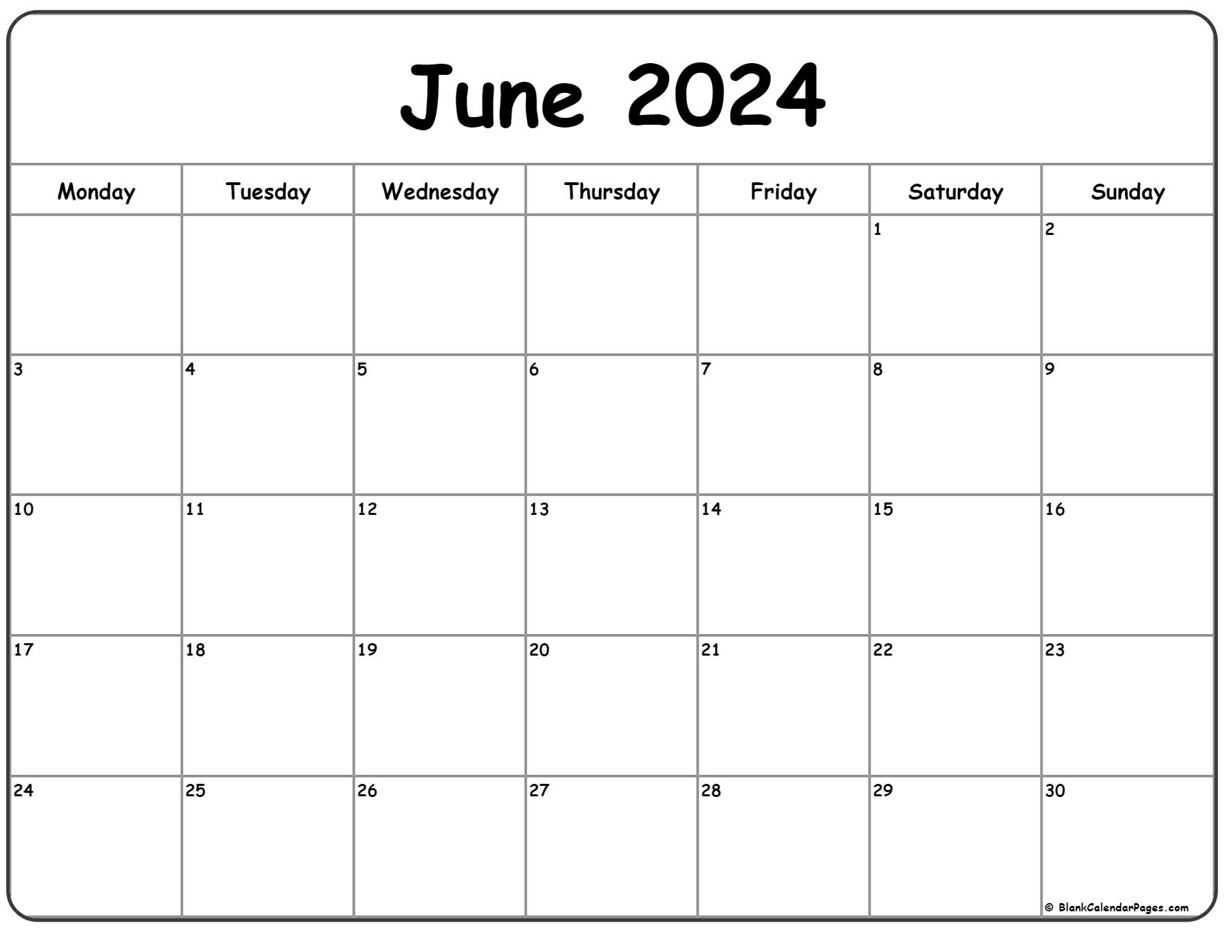 June 2024 Monday Calendar | Monday To Sunday | Calendar For June of 2024
