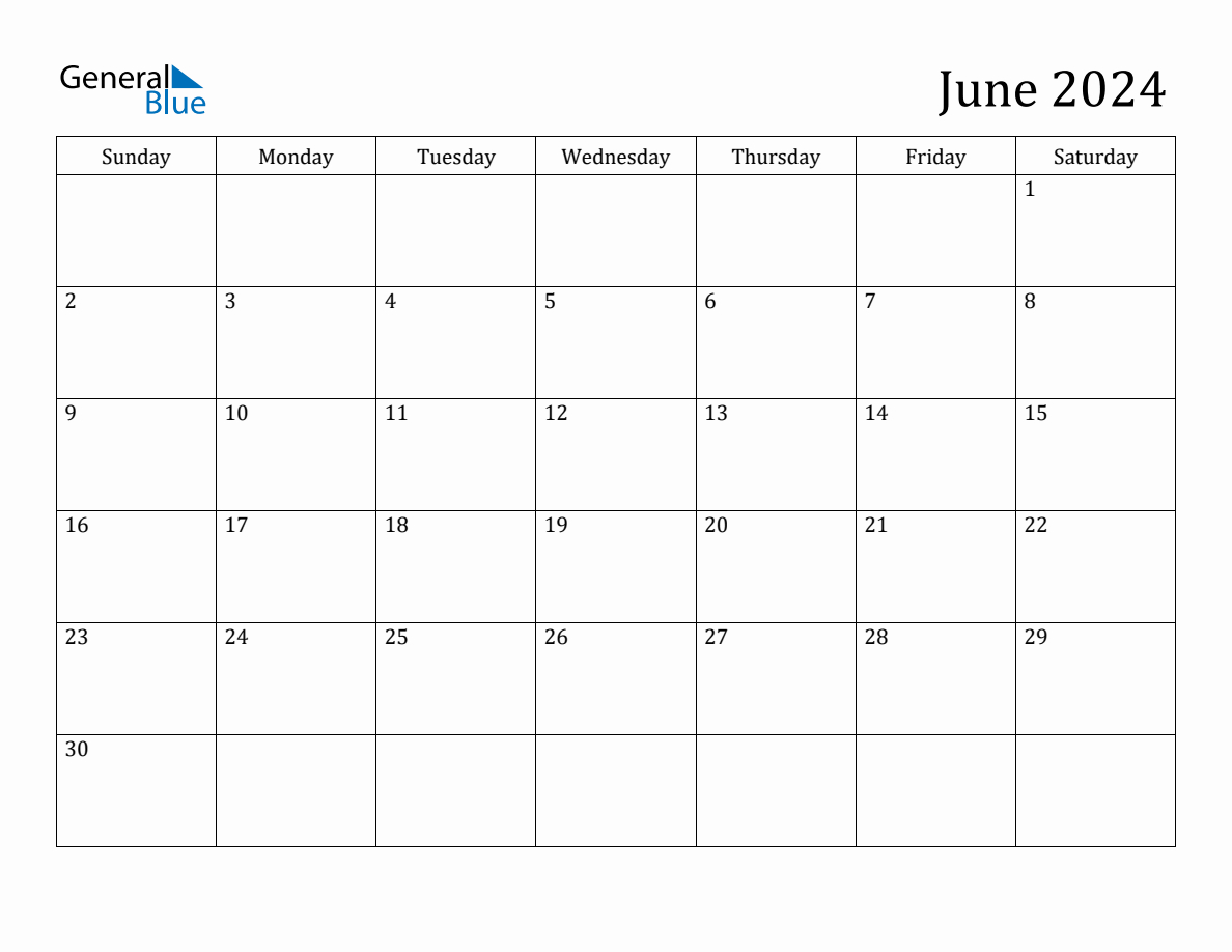 June 2024 Monthly Calendar | General Blue June 2024 Calendar
