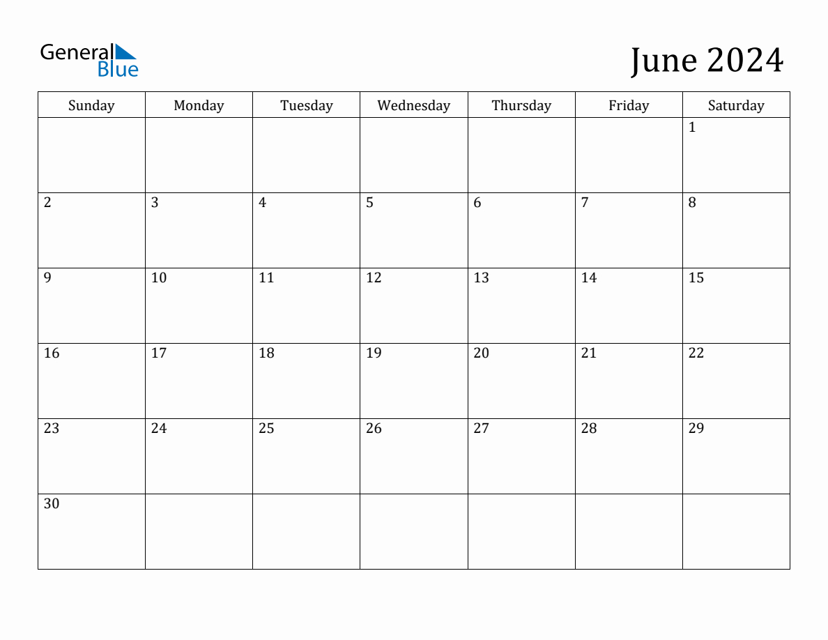 June 2024 Monthly Calendar | June 2024 Calendar General Blue