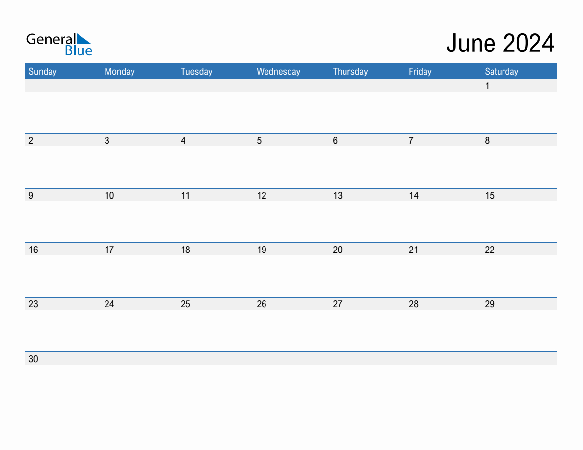 June 2024 Monthly Calendar (Pdf, Word, Excel) | June 2024 Calendar General Blue