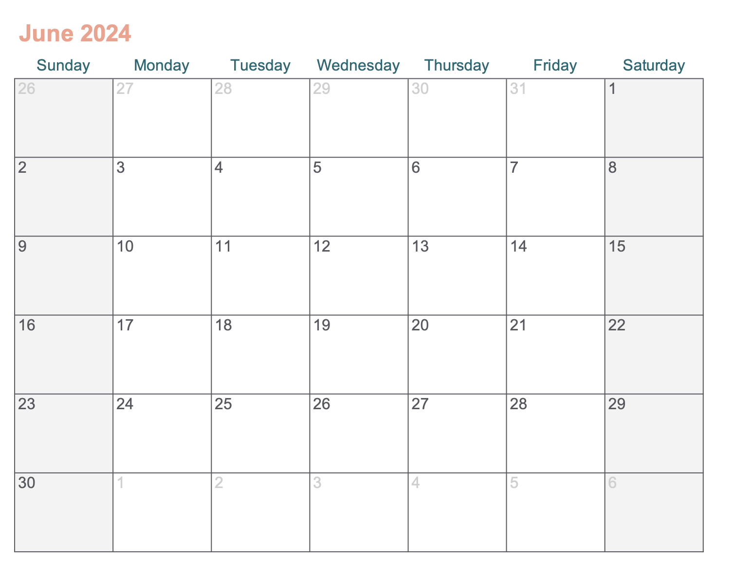June 2024 Printable Calendar With Excel - Agendrix | General Blue June 2024 Calendar