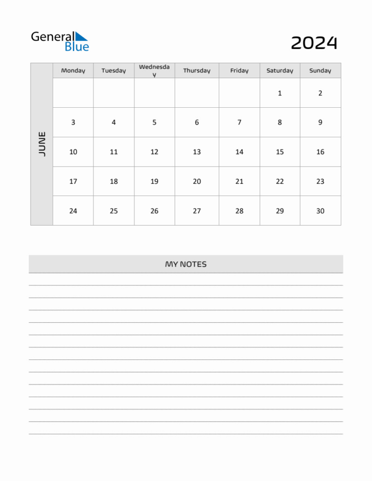 June 2024 Printable Calendar With Notes | Calendar 2024