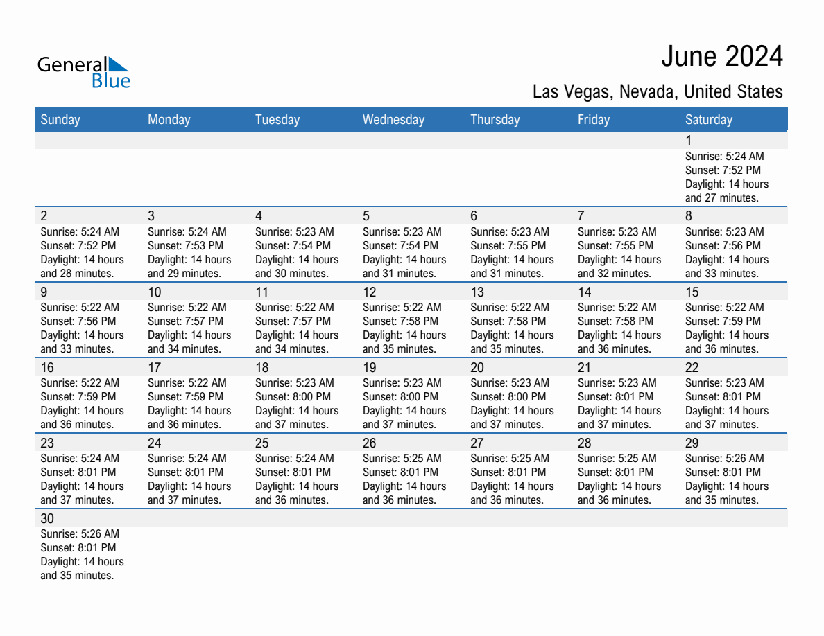 June 2024 Sunrise And Sunset Calendar For Las Vegas (Pdf, Excel, Word) | Las Vegas Calendar June 2024