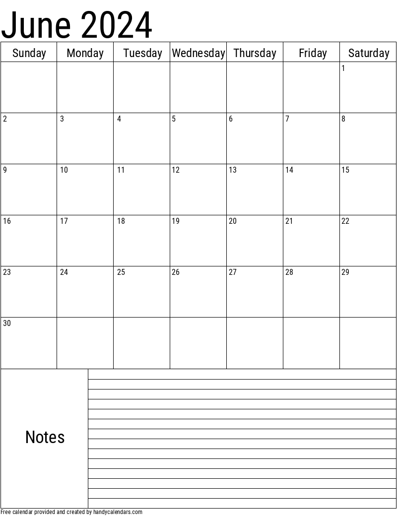 June 2024 Vertical Calendar With Notes - Handy Calendars | Calendar 2024