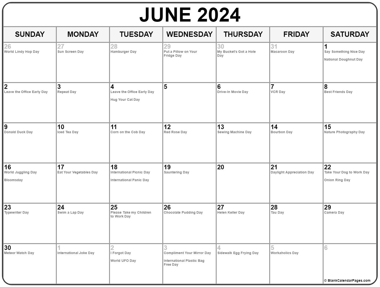 June 2024 With Holidays Calendar | Calendar 2024