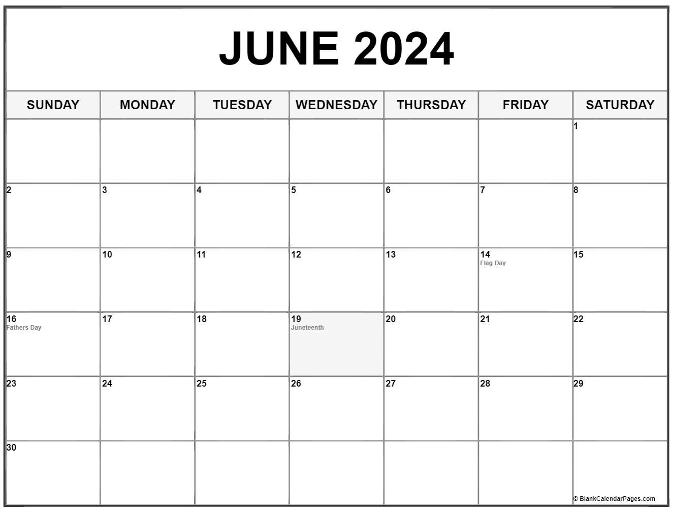 June 2024 With Holidays Calendar | Calendar 2024