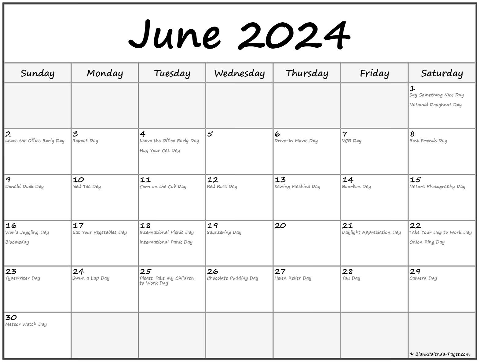 June 2024 With Holidays Calendar | National Day Calendar For June 2024