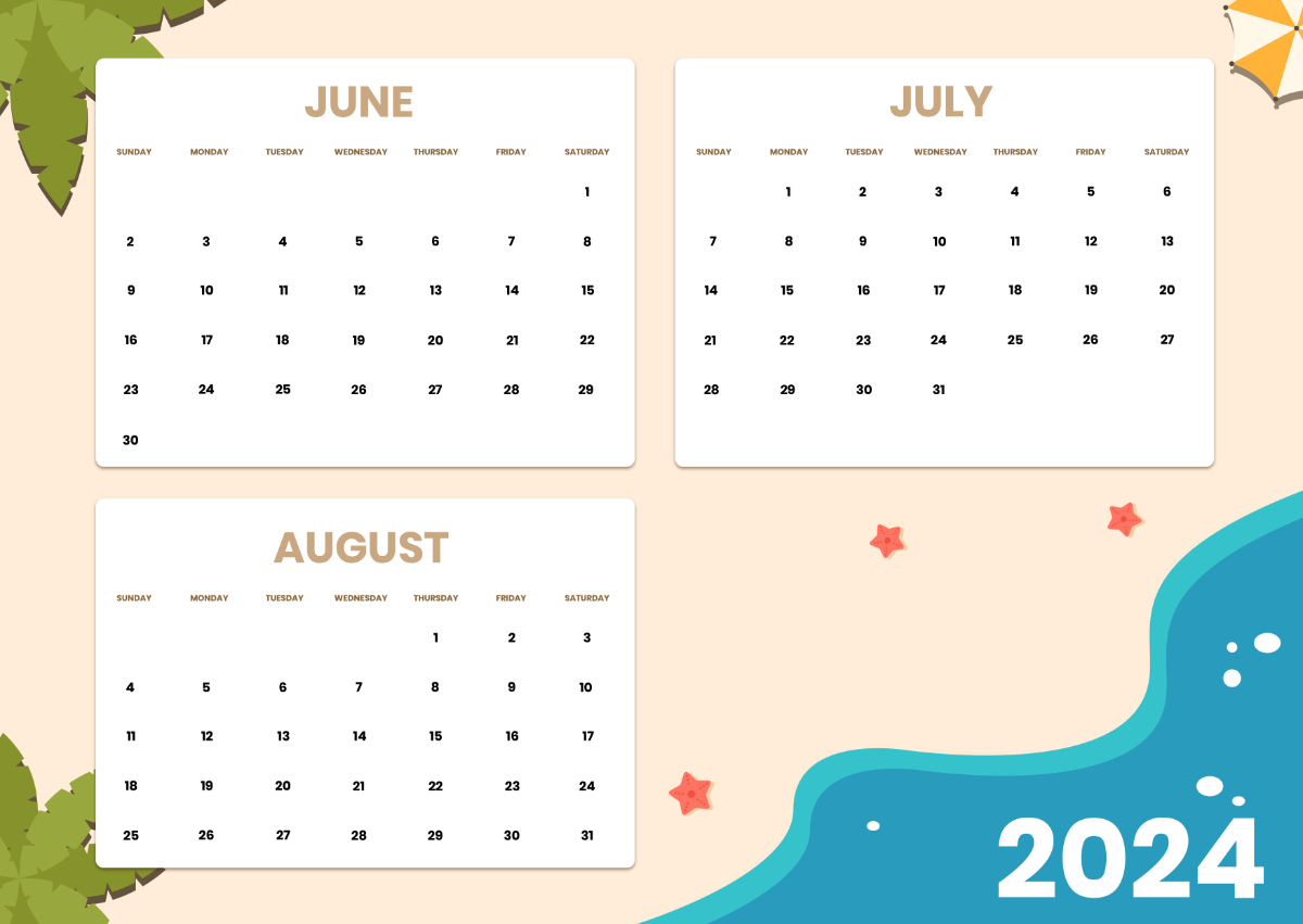 June July August Calendar 2024 Template - Edit Online &amp;amp; Download | July 2024 to June 2024 Calendar