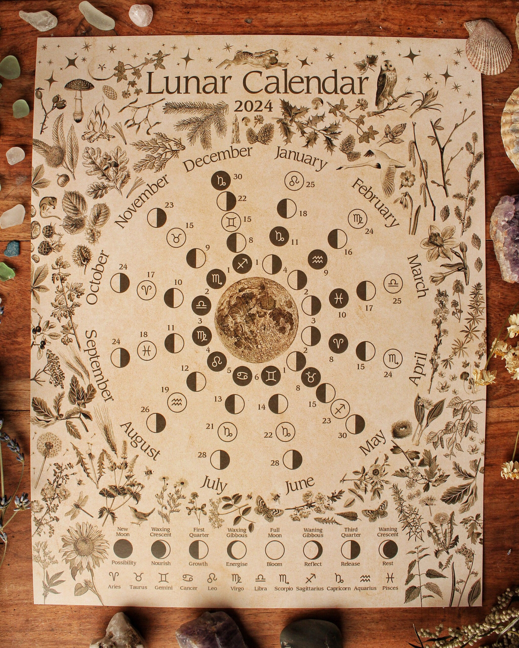 Large Lunar Calendar 2024 11X14 Print, Moon Phases. Pagan. Moon | Pagan Calendar 2024 Printable