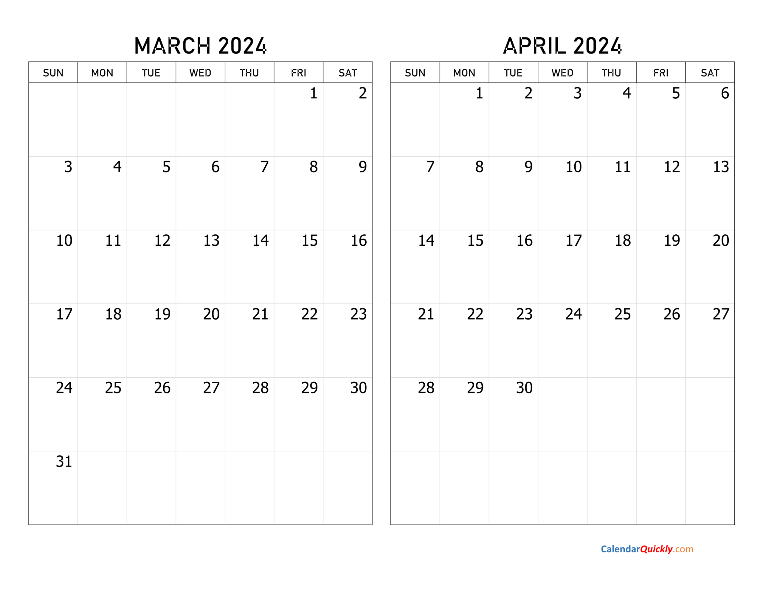 March And April 2024 Calendar | Calendar Quickly | March April May June 2024 Calendar