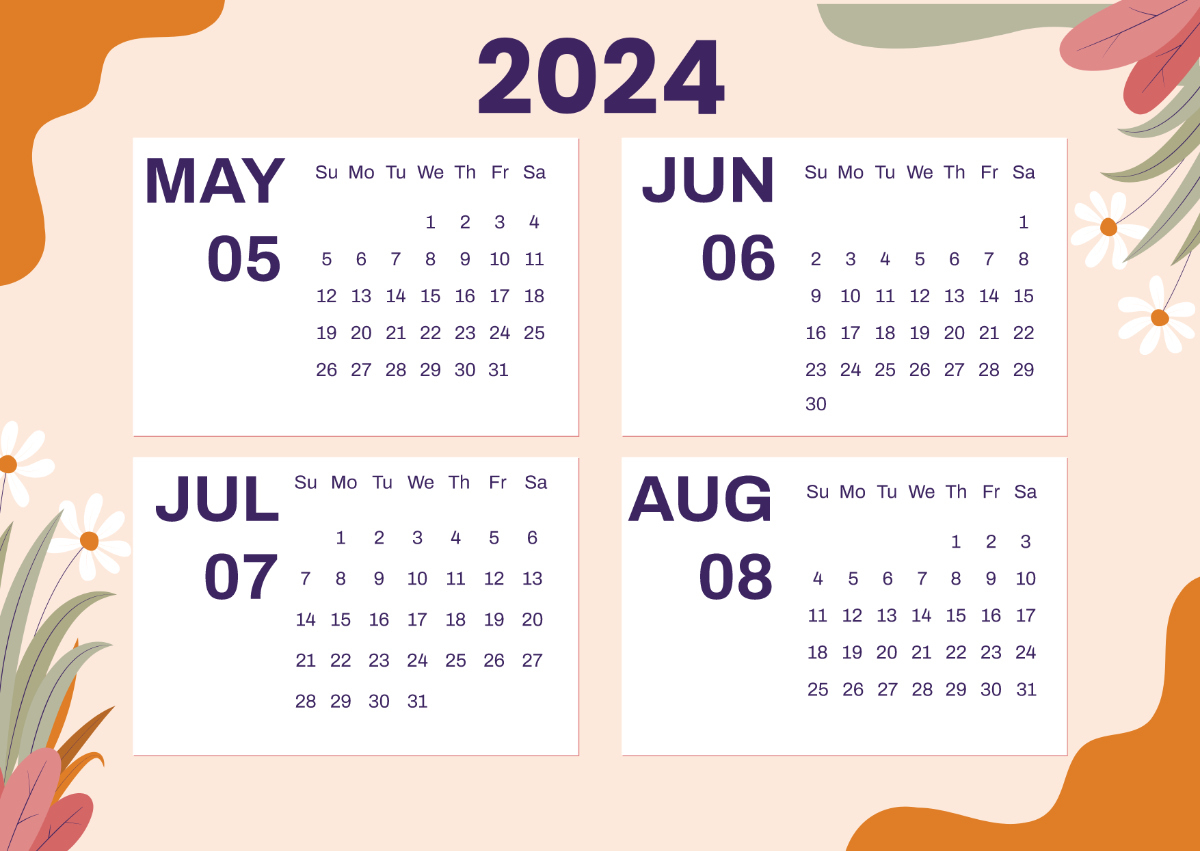 May To August 2024 Calendar Template - Edit Online &amp;amp; Download | May June July August 2024 Calendar Printable