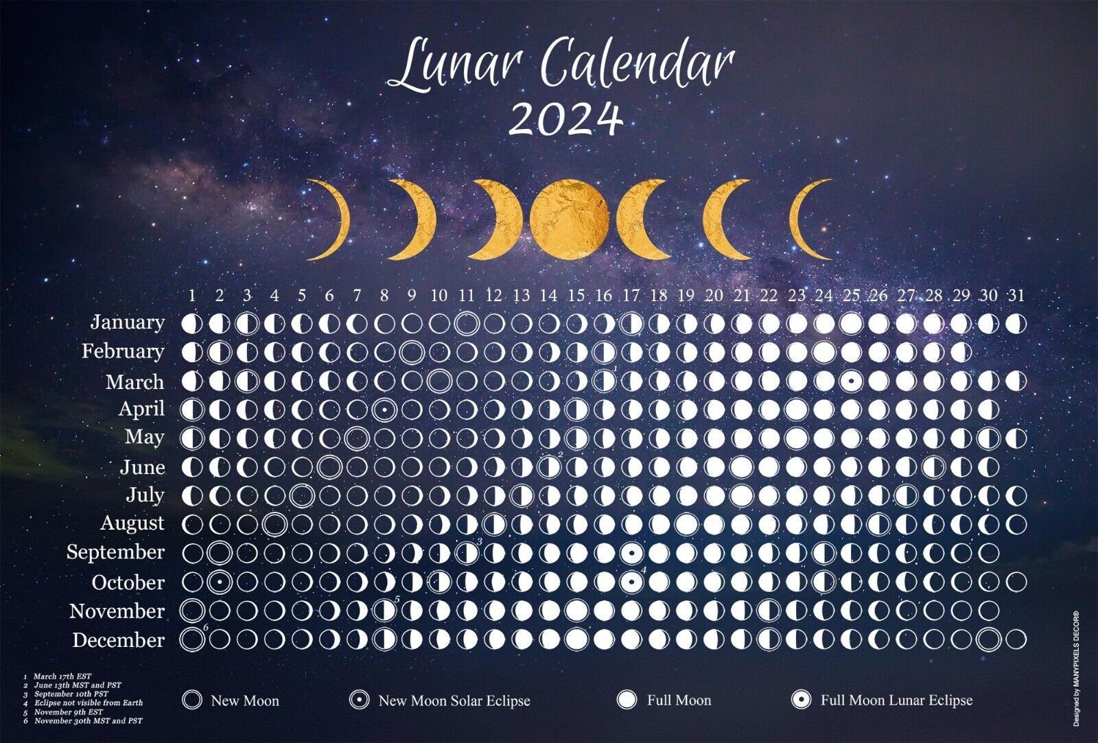 Moon Calendar 2024 - Blue Horizontal - Lunar Phases Tracker - 18 X | Calendar 2024