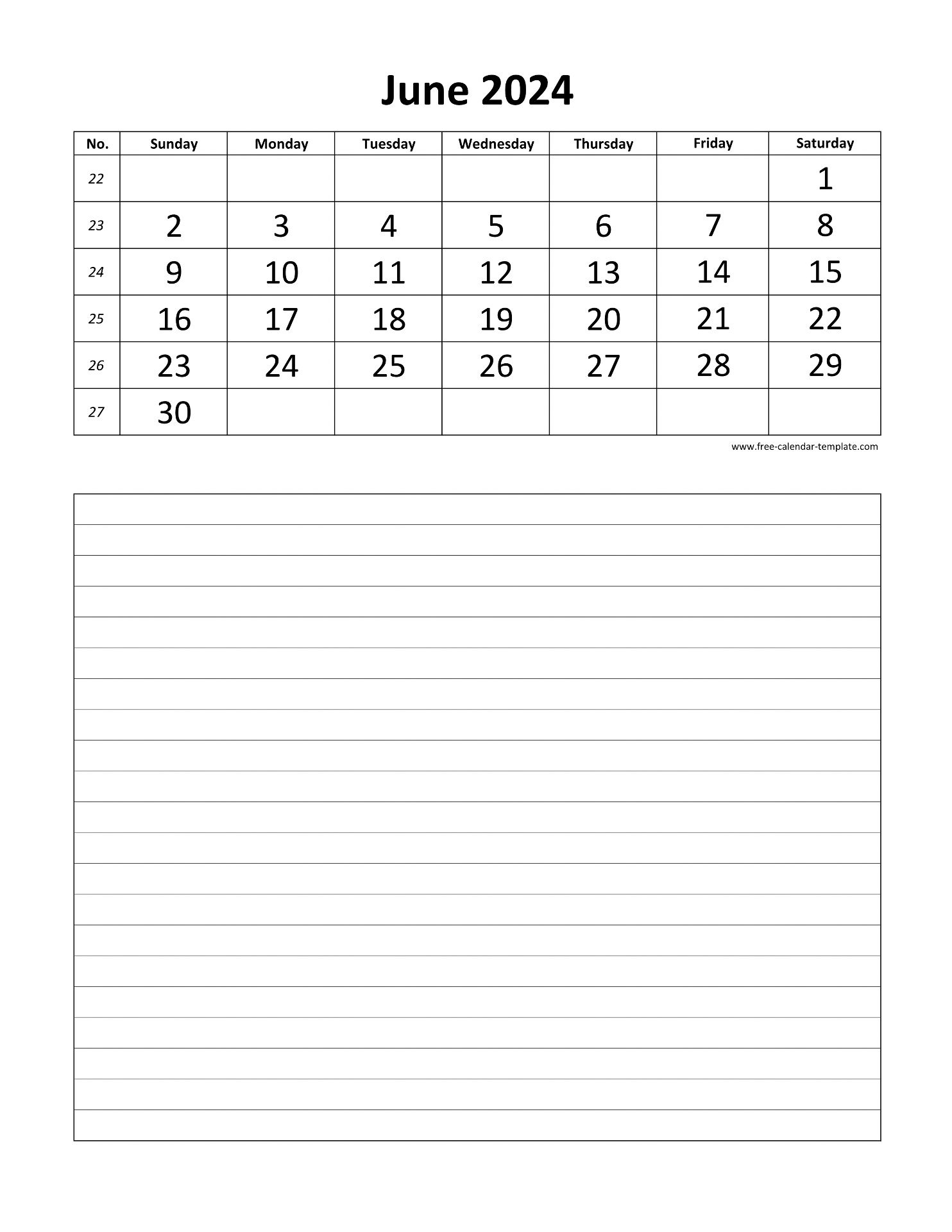 Printable 2024 June Calendar Grid Lines For Daily Notes (Vertical | Calendar 2024