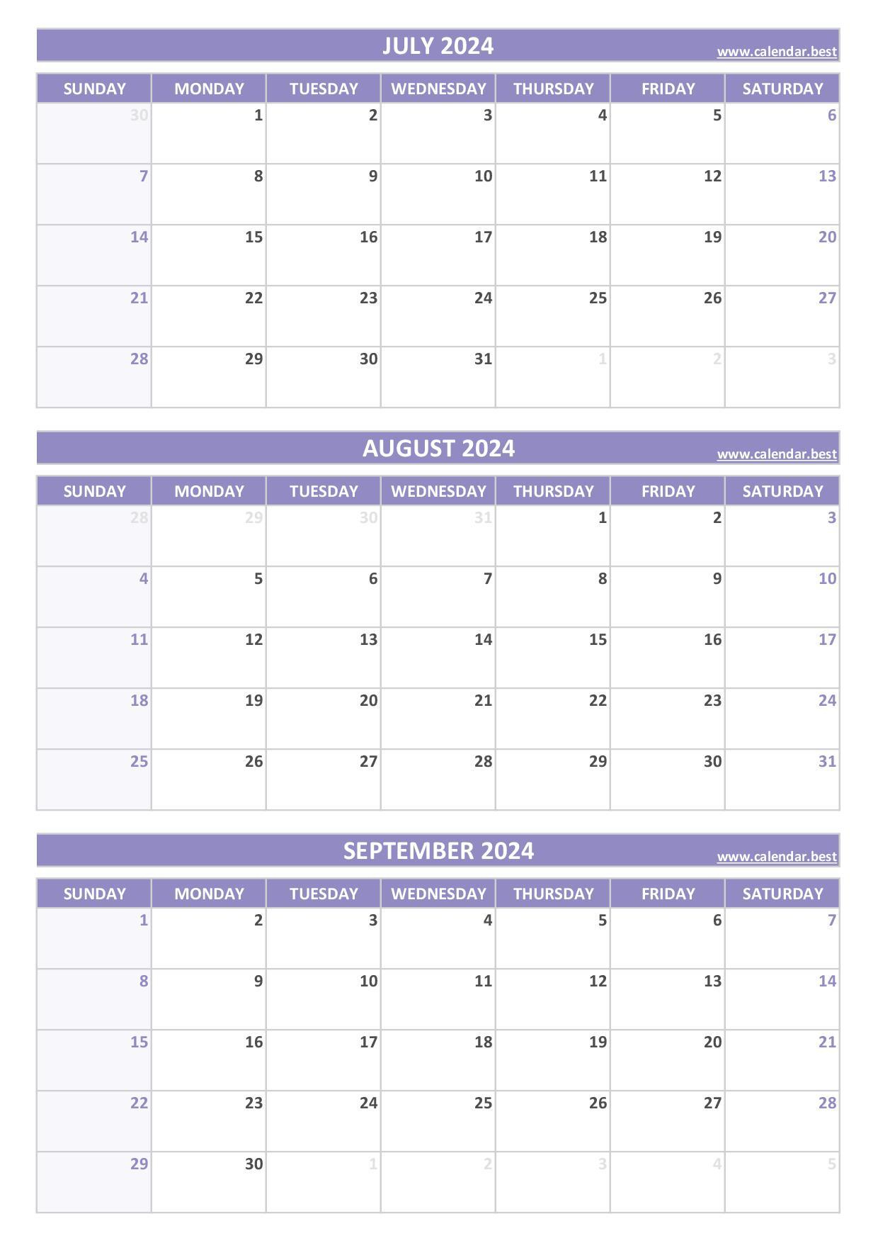 Printable 3Rd Quarter 2024 Calendar | 3 Month Calendar June July August 2024