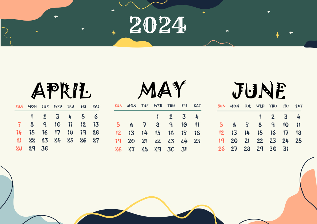Printable April May June 2024 Calendar Template - Edit Online | April May June July 2024 Calendar