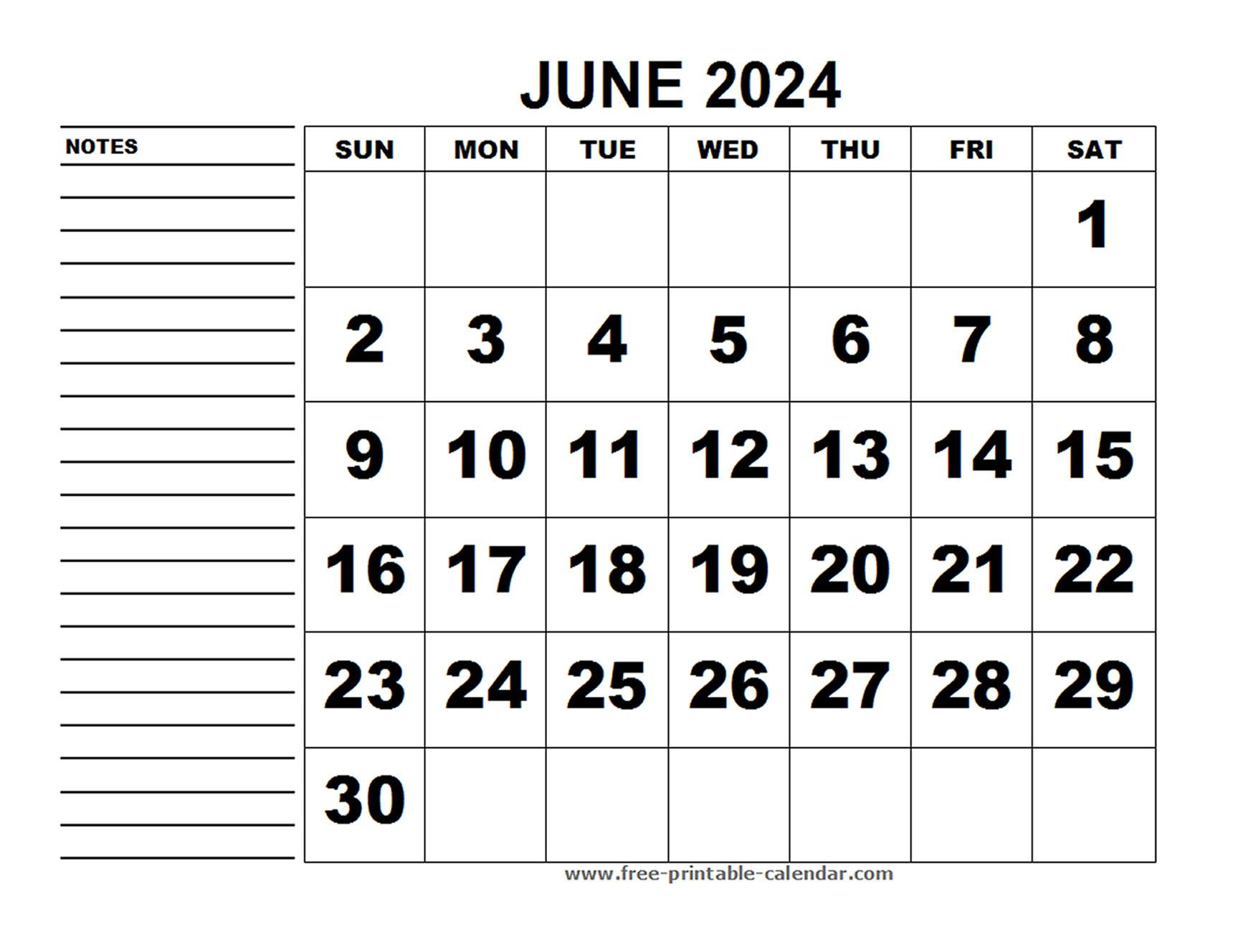 Printable Calendar June 2024 - Free-Printable-Calendar | June 2024 Calendar With Notes