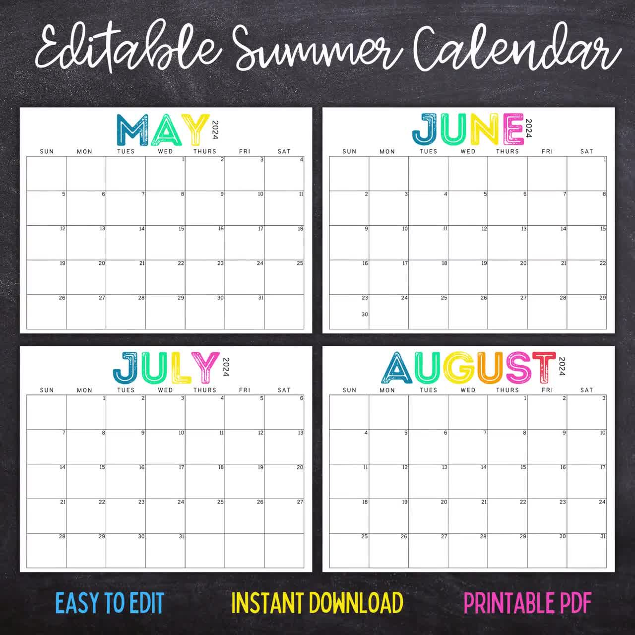 Printable Editable Summer Calendar June, July, August Calendar | June 2023 | July 2023 | August 2023 | Summer Planner | June and July 2024 Editable Calendar