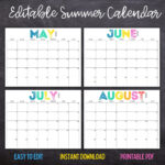 Printable Editable Summer Calendar June, July, August Calendar | June 2024  | July 2024 | August 2024 | Summer Planner |  Calendar 2024