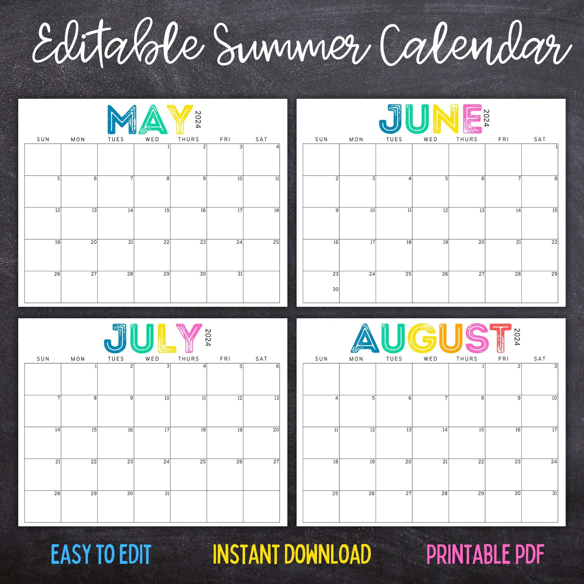 Printable Editable Summer Calendar June, July, August Calendar | June 2024 | July 2024 | August 2024 | Summer Planner | Calendar 2024