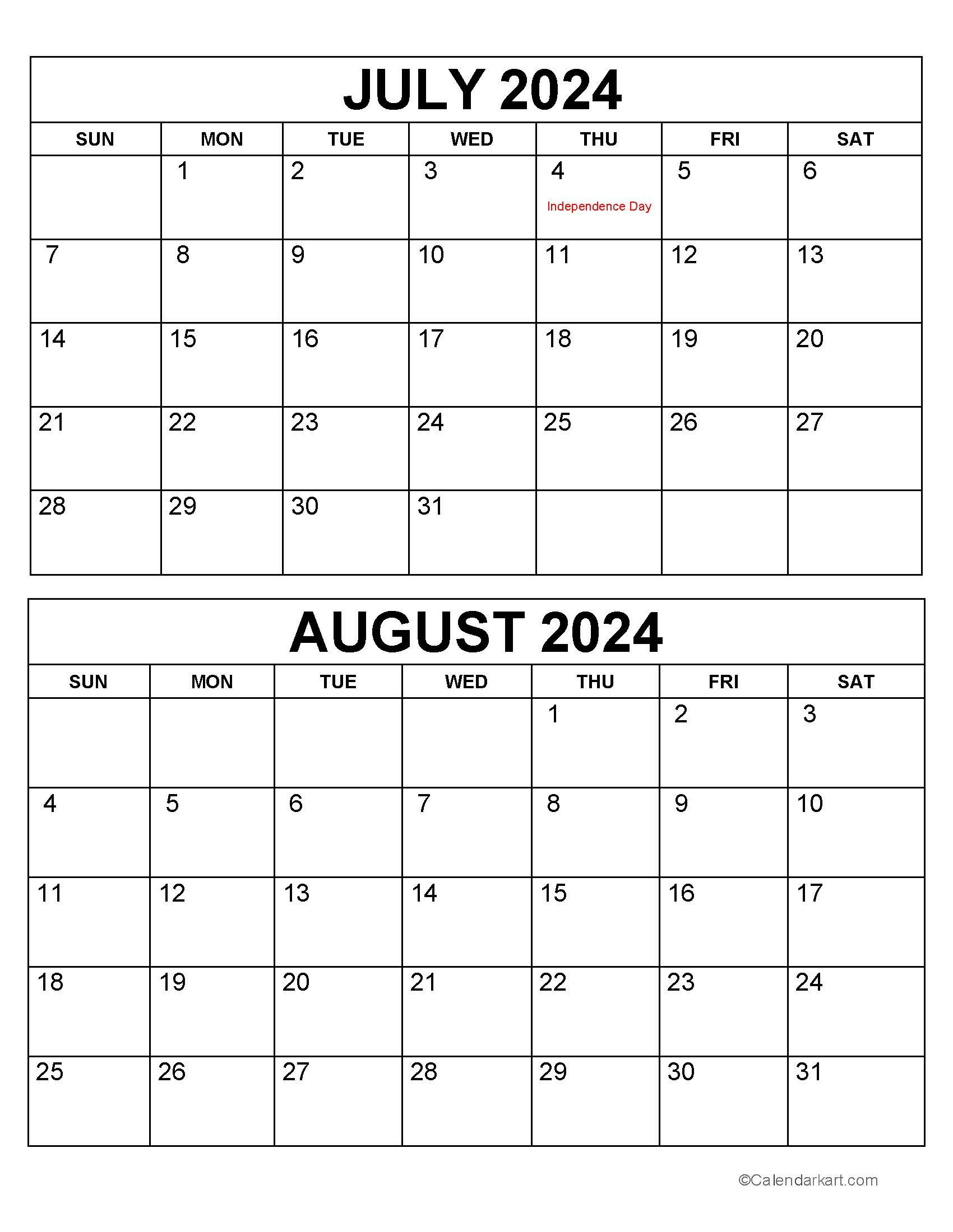 Printable July August 2024 Calendar | Calendarkart | 2024 Calendar June July August