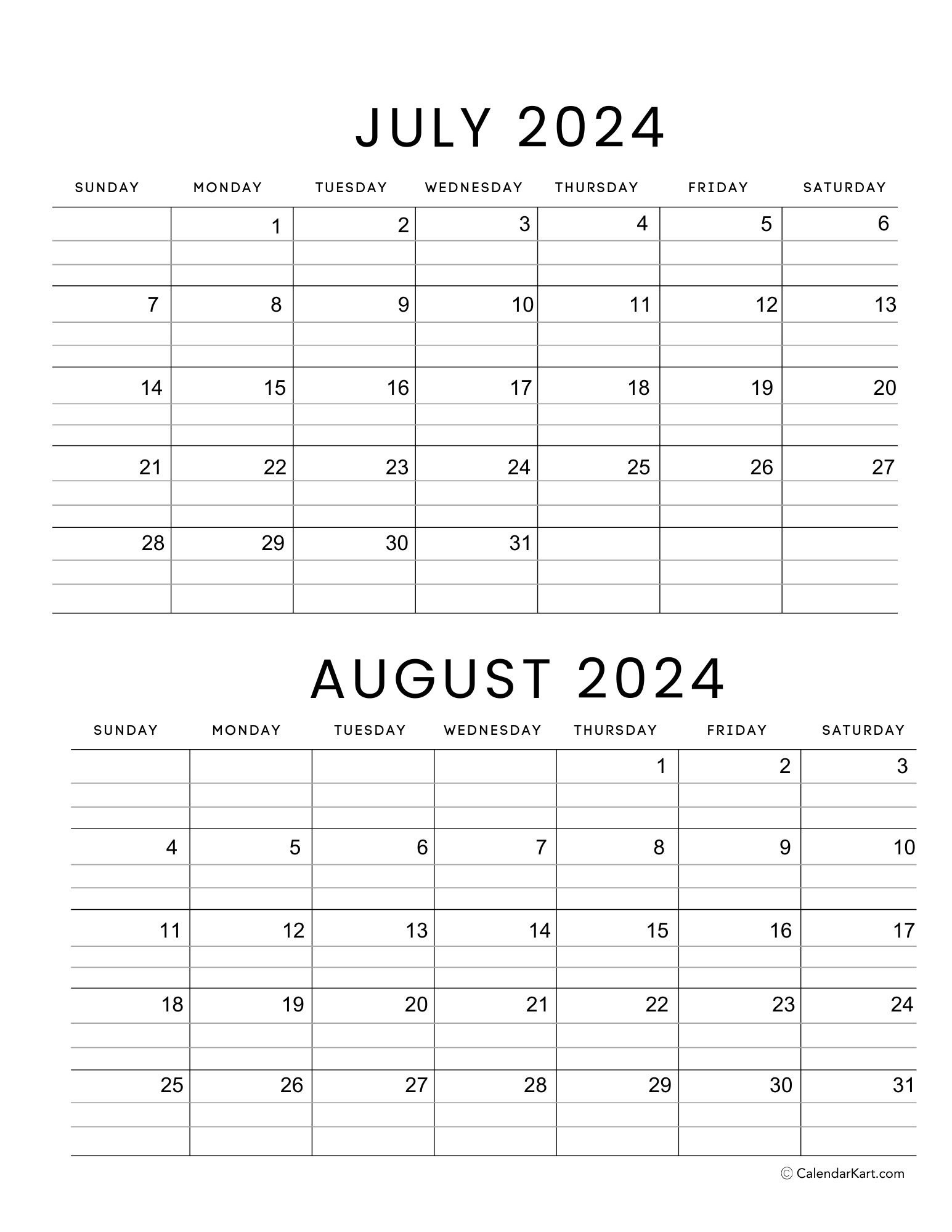 Printable July August 2024 Calendar | Calendarkart | June July August 2024 Calendar Editable