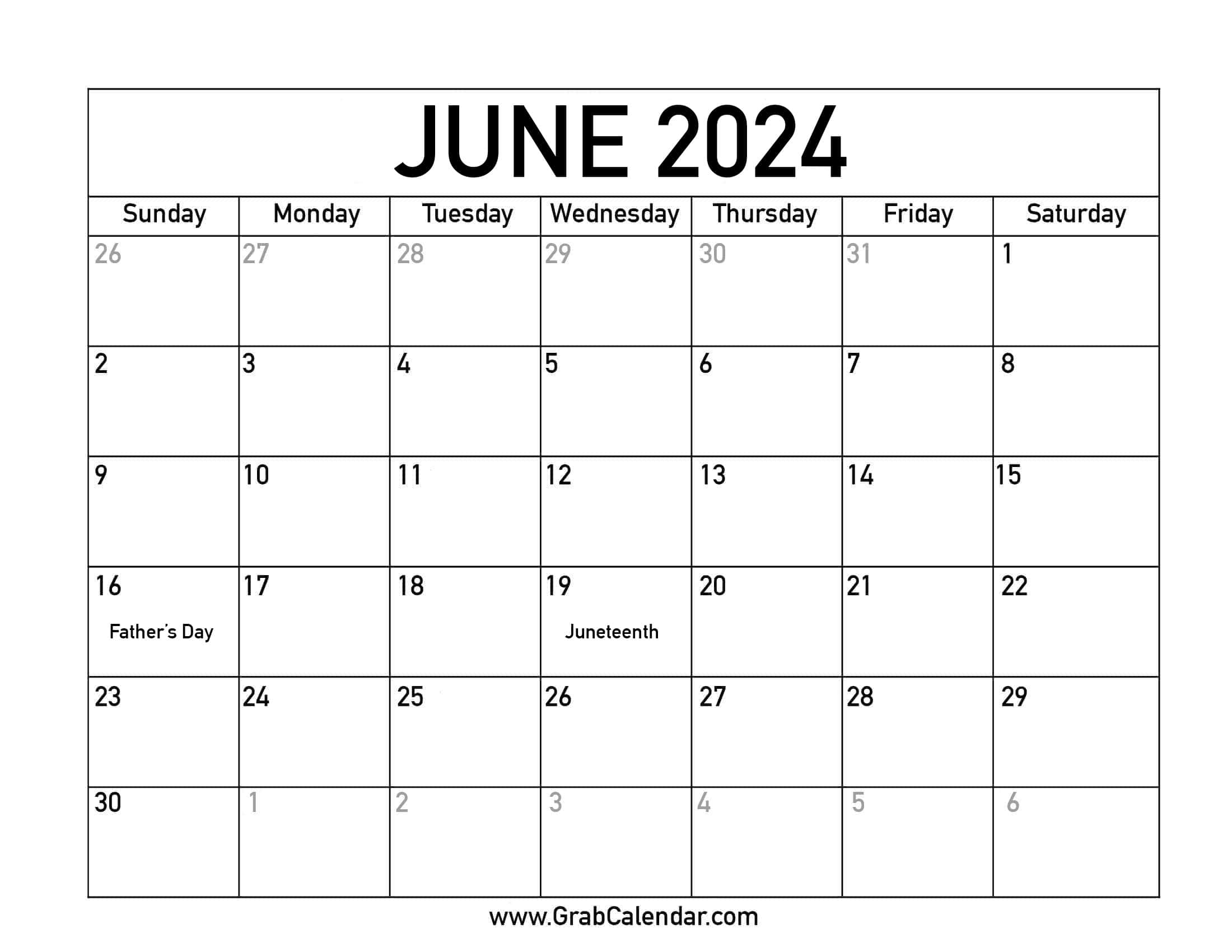 Printable June 2024 Calendar | 2024 June Calendar With Holidays