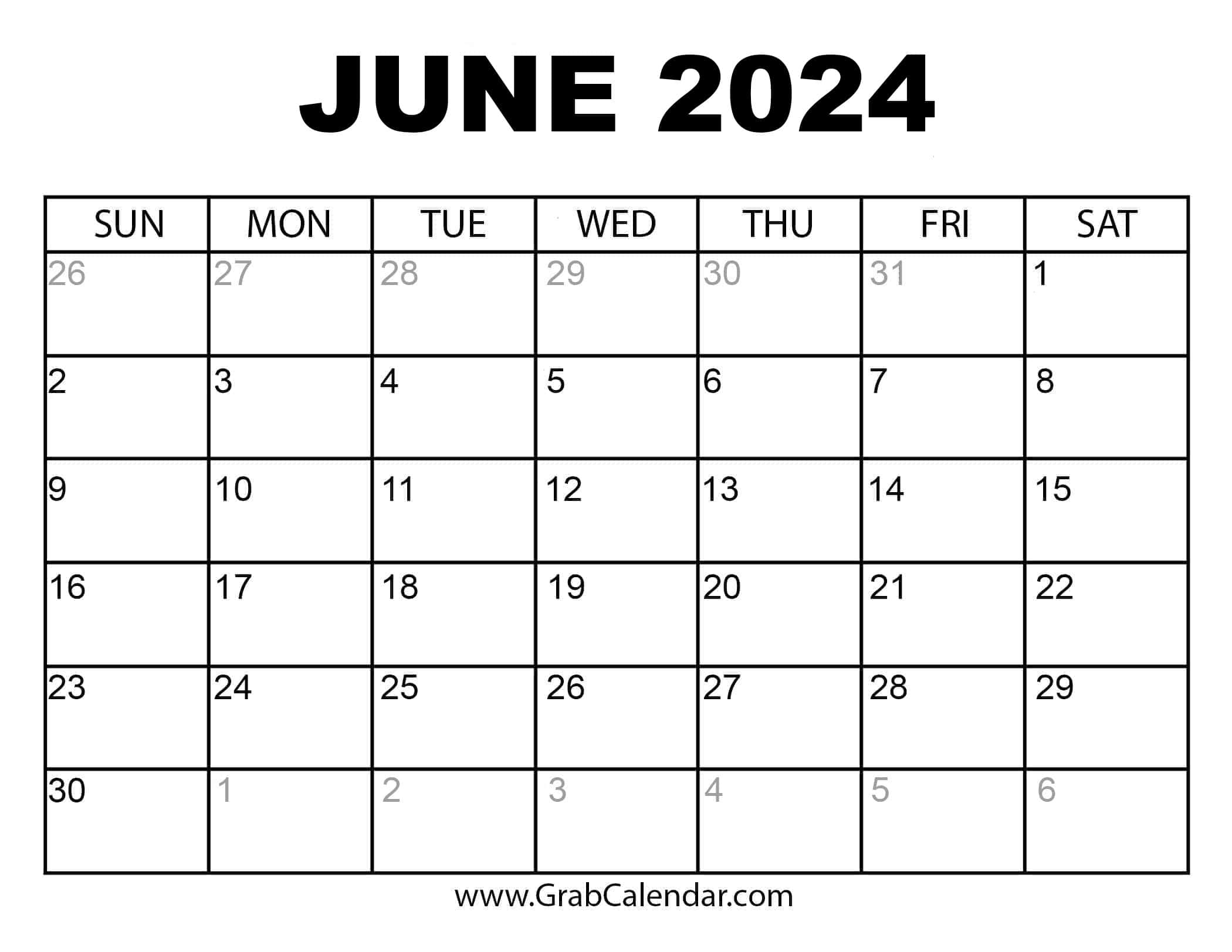 Printable June 2024 Calendar | Calendar For June of 2024