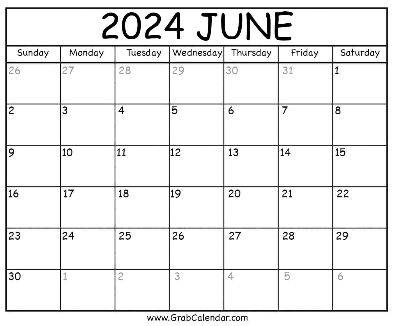 Printable June 2024 Calendar | June 2024 Calendar to Print
