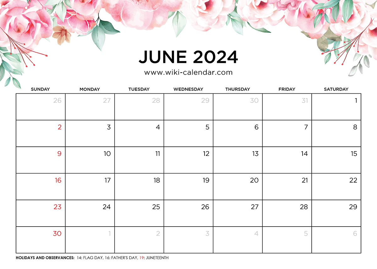 Printable June 2024 Calendar Templates With Holidays | 2024 June Calendar With Holidays