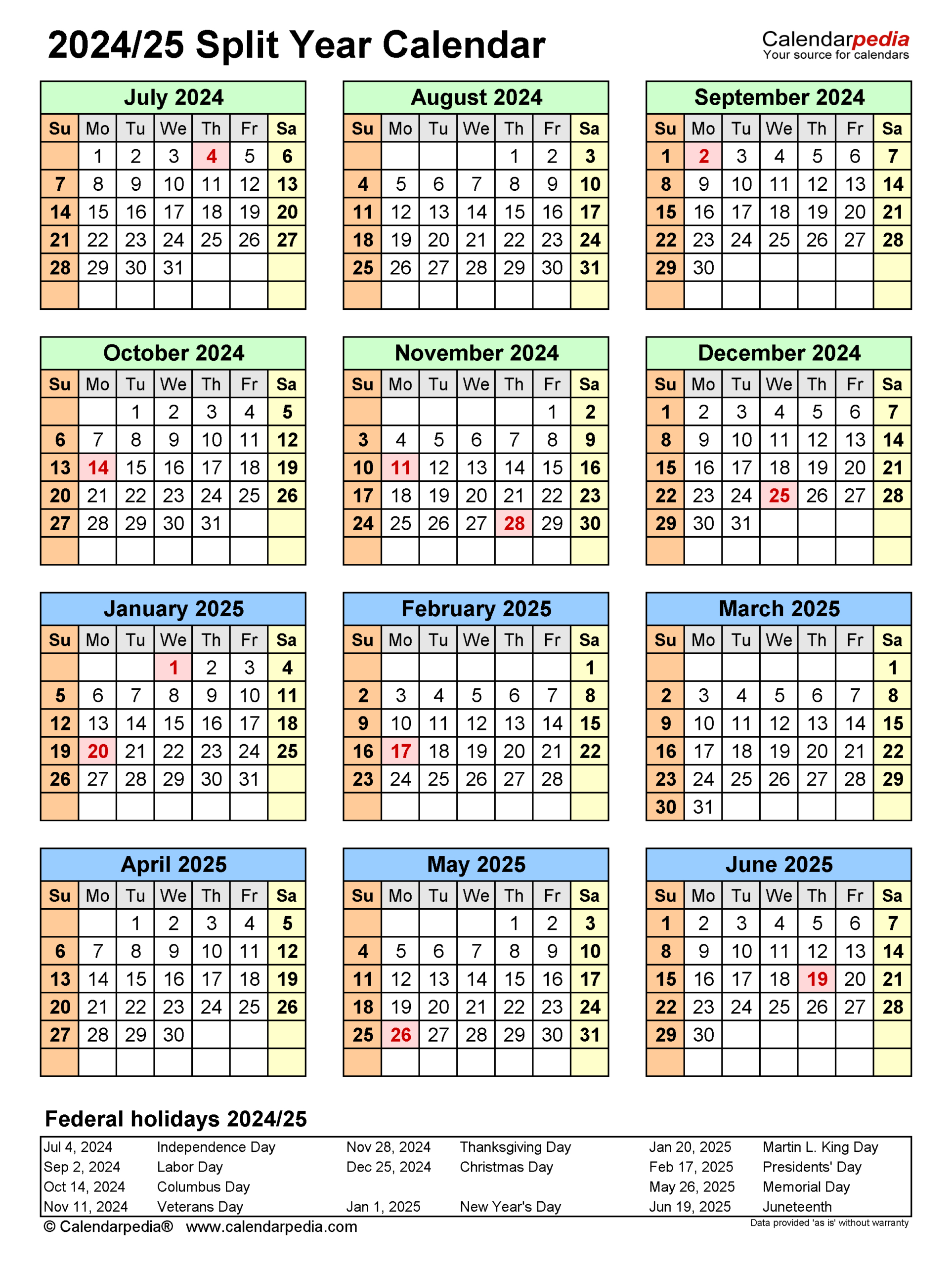 Split Year Calendars 2024/2025 (July To June) - Pdf Templates | August 2024 - June 2025 Calendar