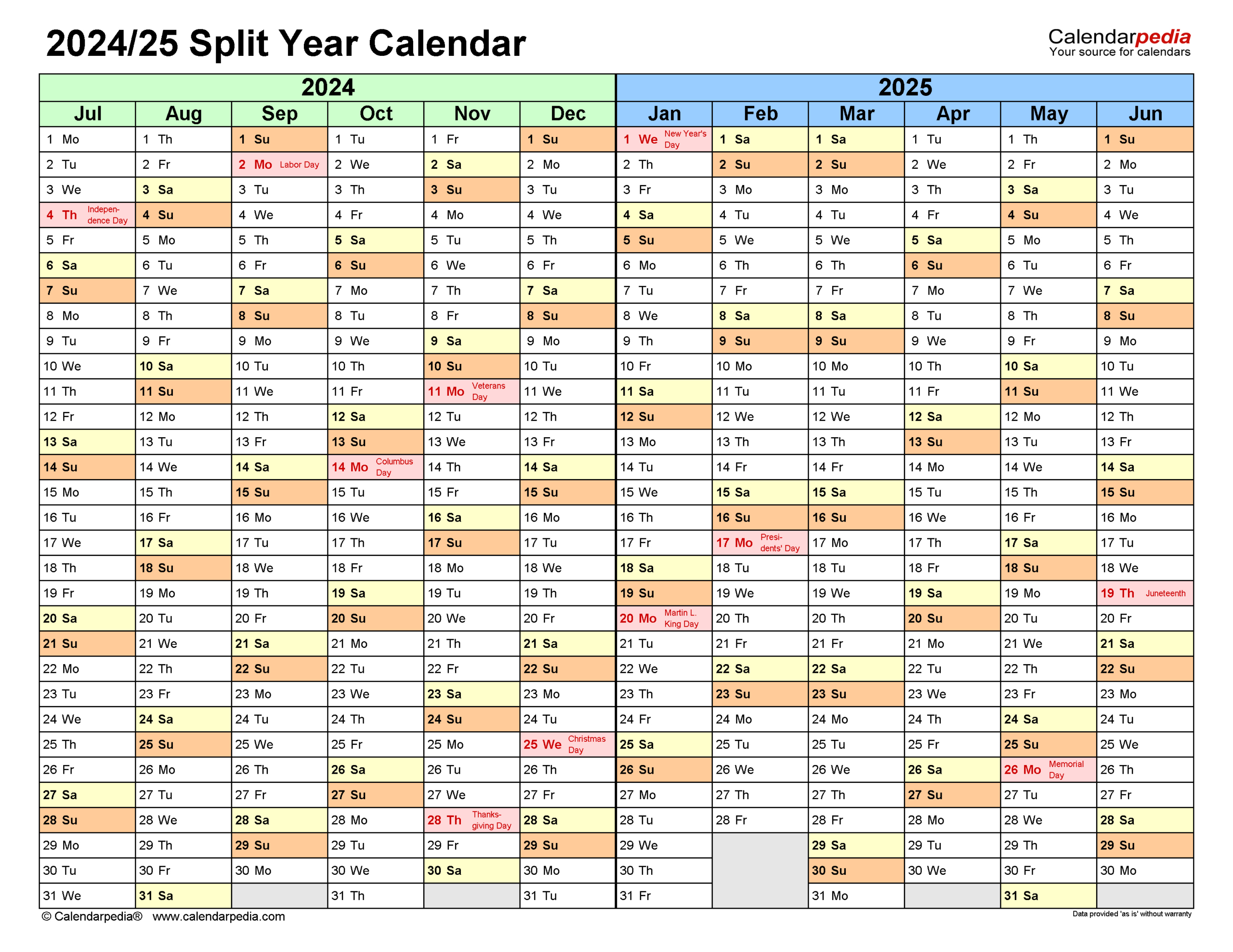 Split Year Calendars 2024/2025 (July To June) - Pdf Templates | August 2024 - June 2025 Calendar