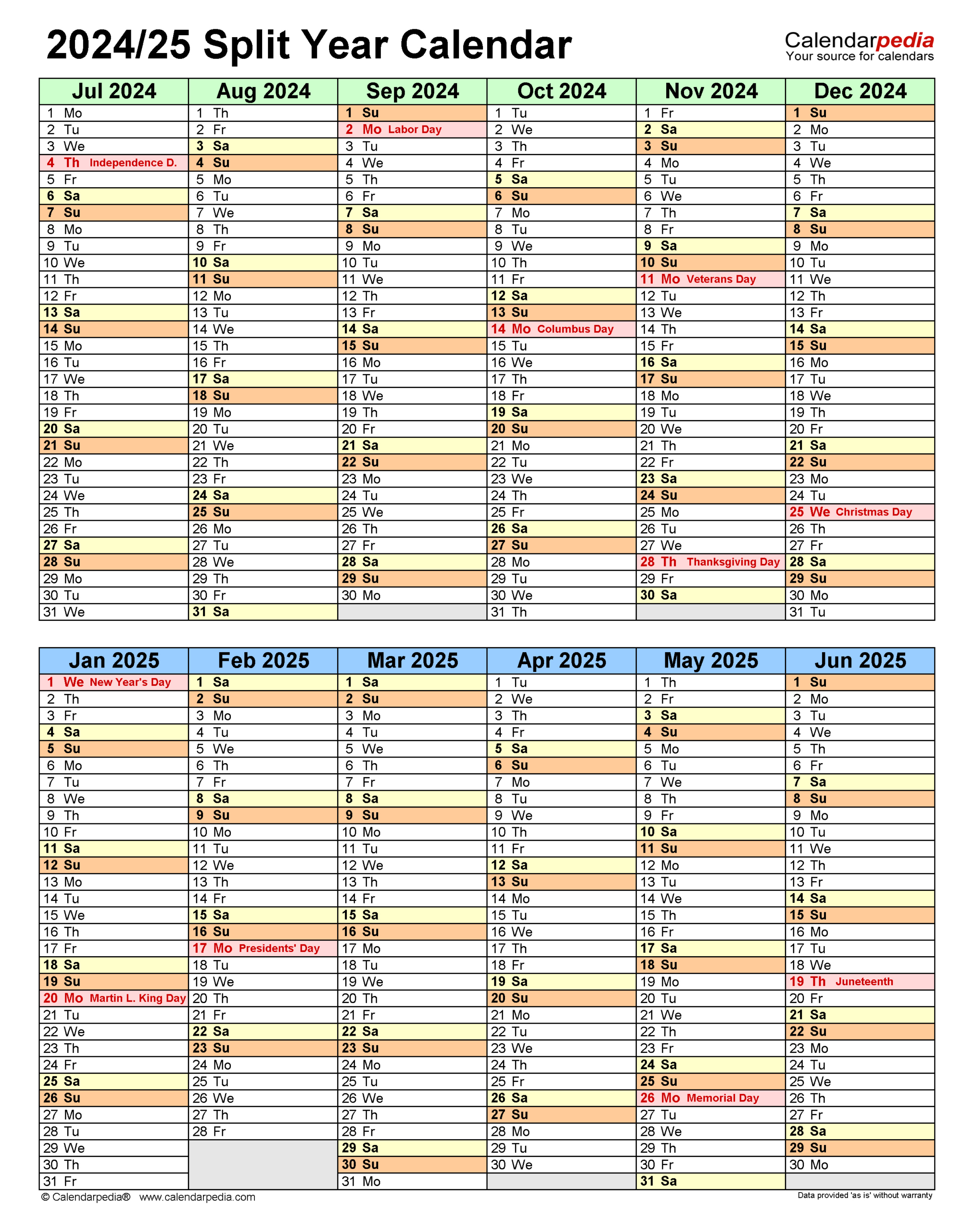 Split Year Calendars 2024/2025 (July To June) - Pdf Templates | August 2024 - June 2025 Calendar