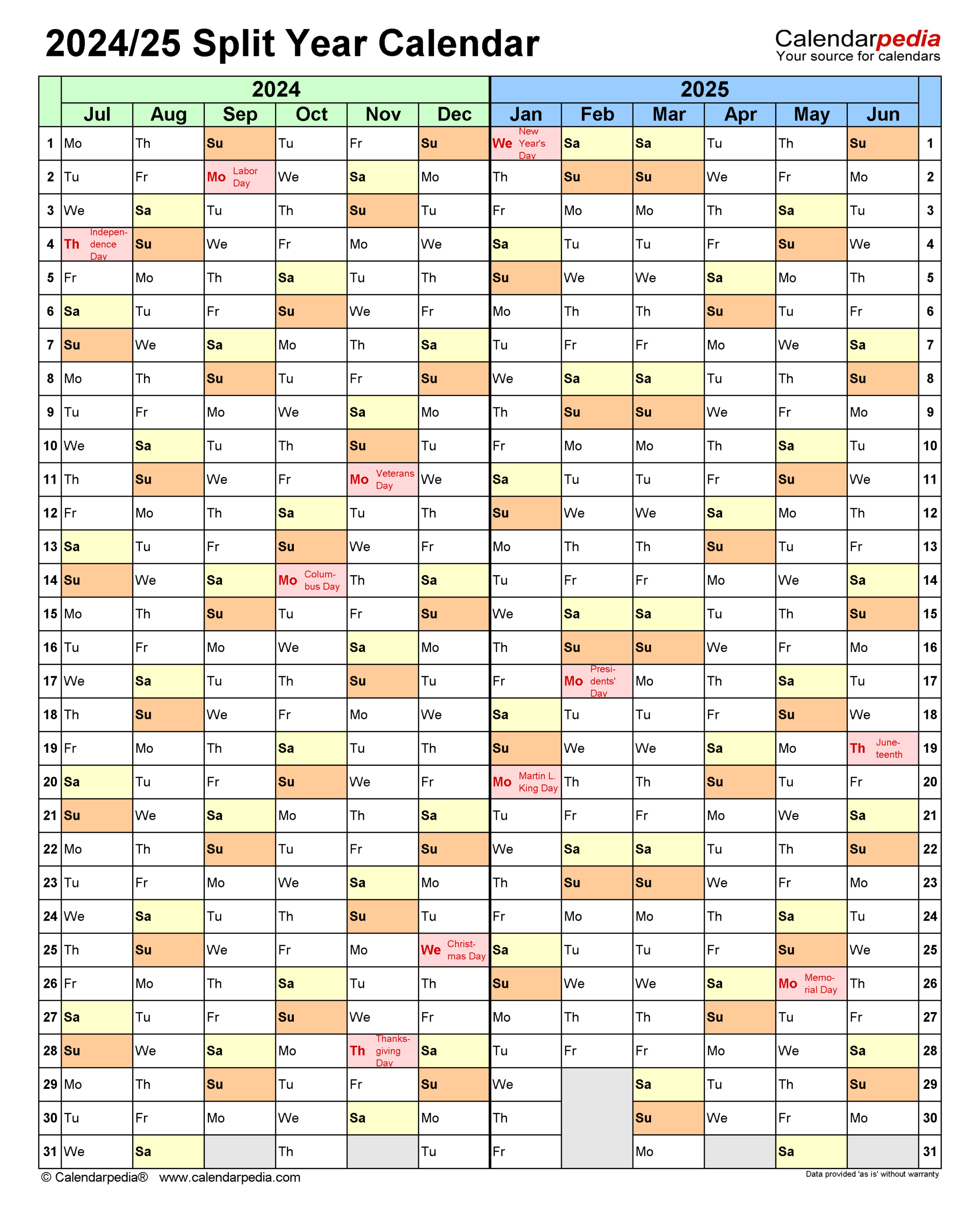 Split Year Calendars 2024/2025 (July To June) - Pdf Templates | August 2024 - June 2025 Calendar