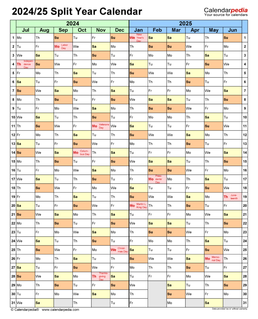 Calendar July 2024 - June 2025 | Calendar 2024 | Printable Calendar 2024