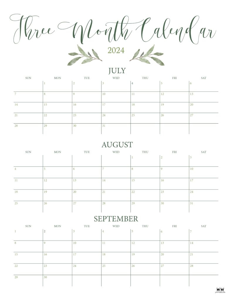 Three Month/Quarterly Calendars - 36 Free Calendars | Printabulls | 3 Month Calendar 2024 June July August