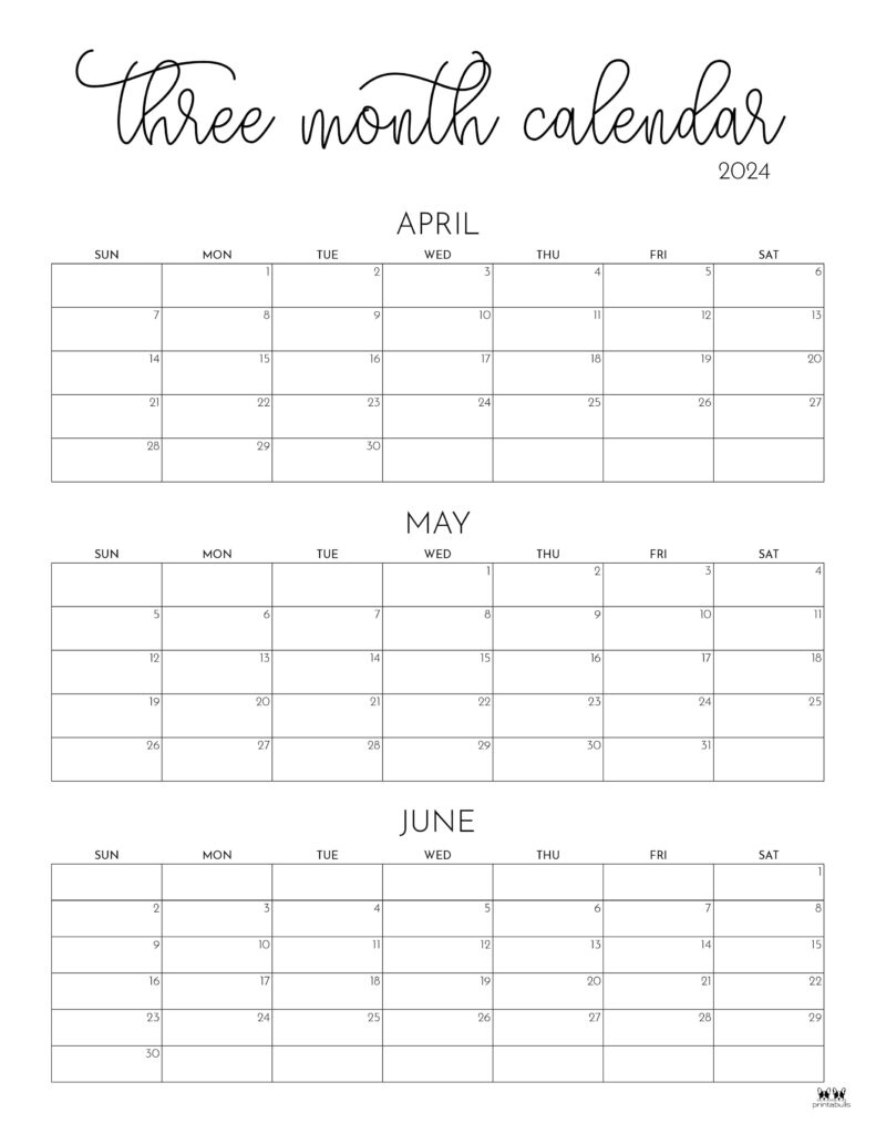 Three Month/Quarterly Calendars - 36 Free Calendars | Printabulls | April May June 2024 Calendar Printable Free