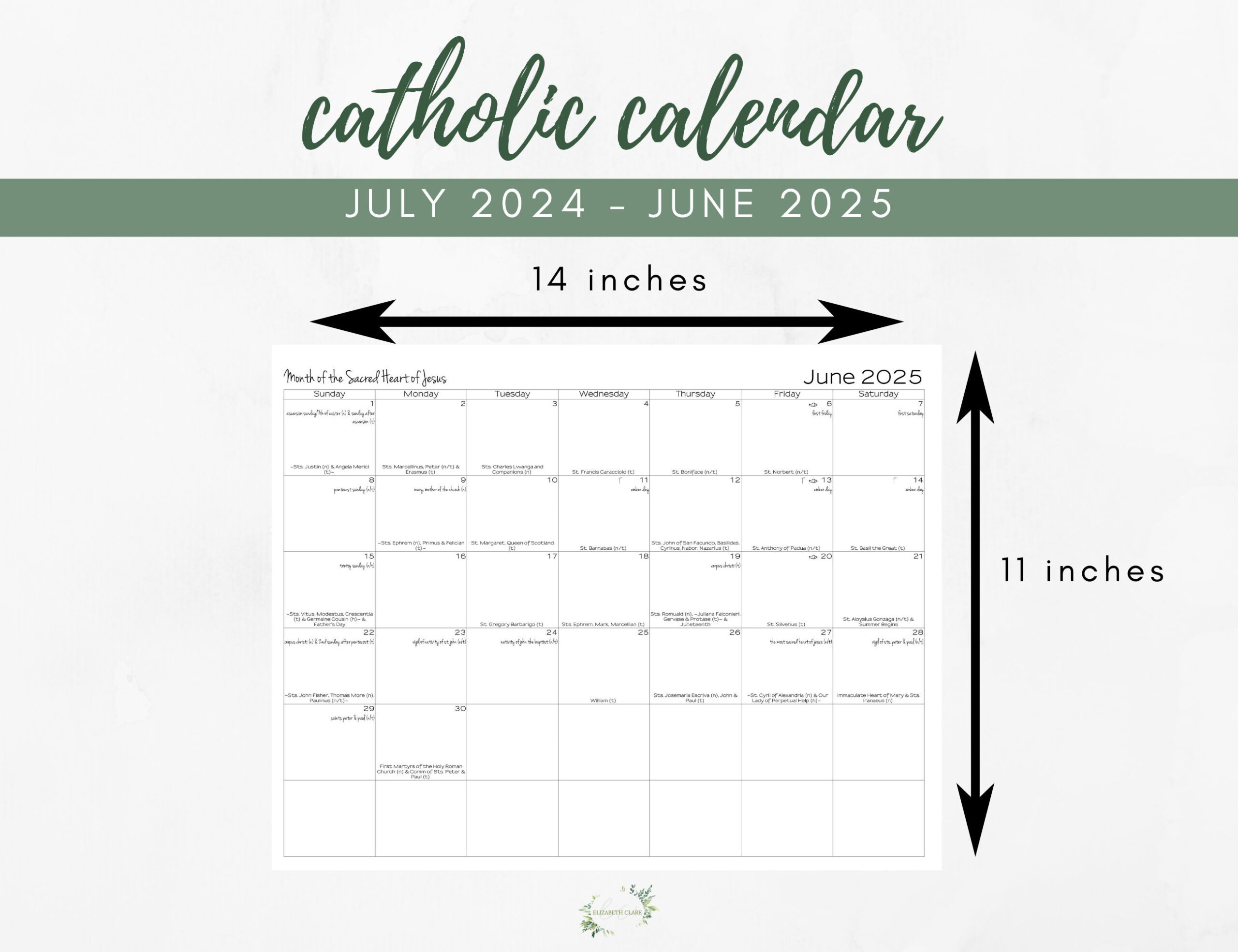 2024-2025 Large Format Catholic Calendar Academic Printable 11 X | Catholic Calendar July 2024