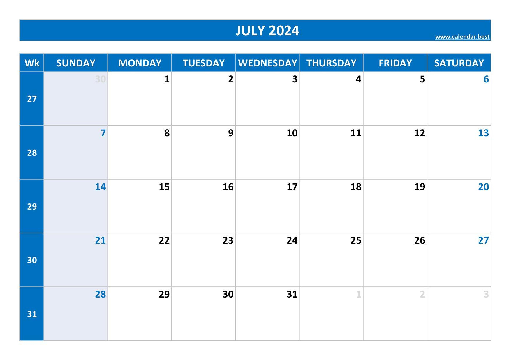 2024 Calendar With Week Numbers (Us And Iso Week Numbers) | July 2024 Weekly Calendar