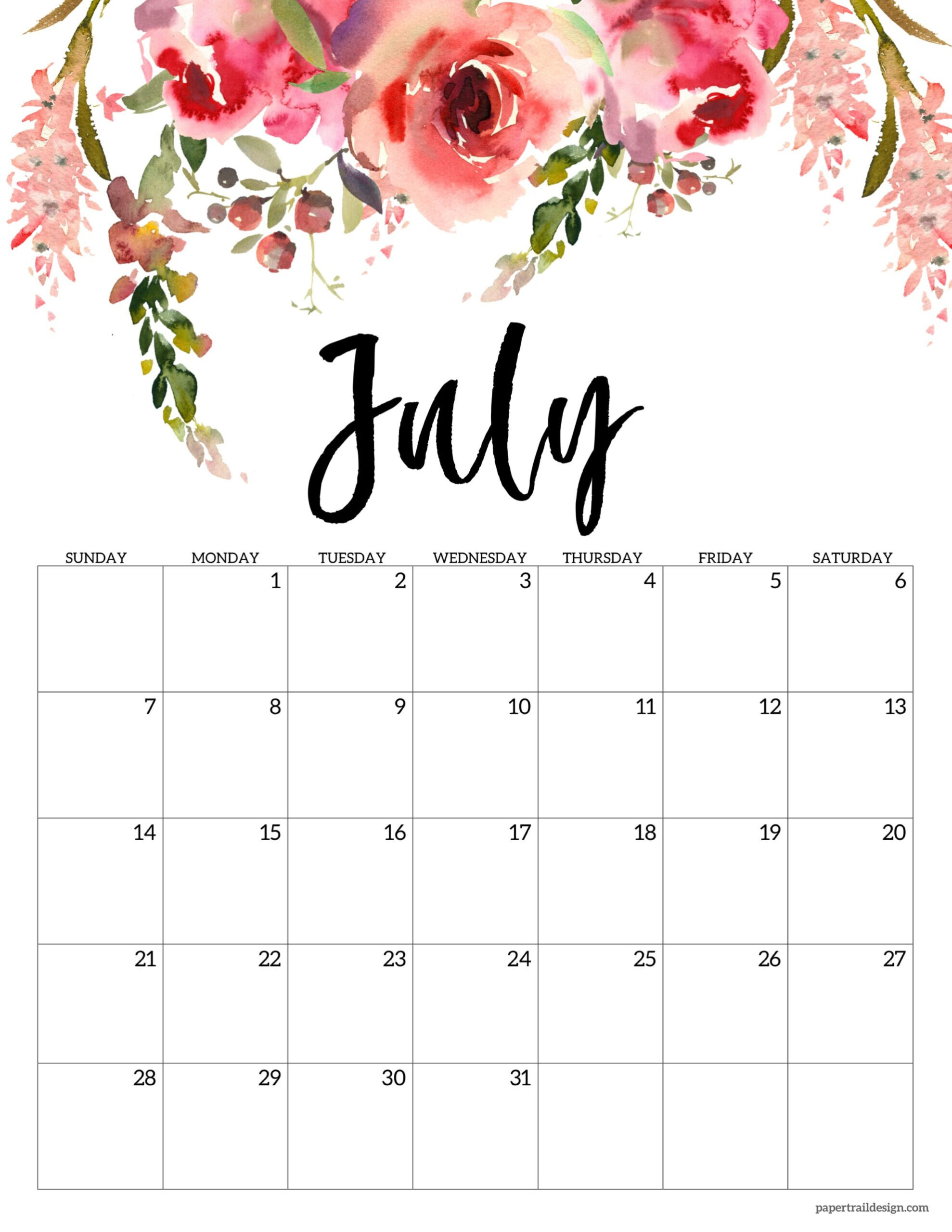 2024 Floral Calendar Printable - Paper Trail Design | Floral July 2024 Calendar