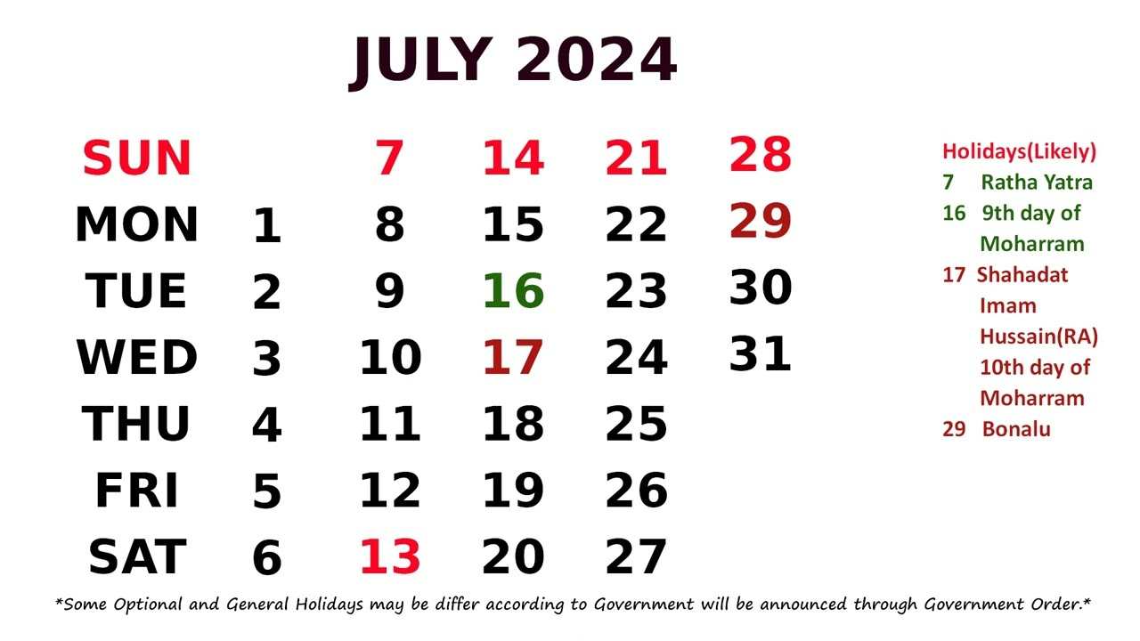 Calendar July 2024 | July 2024 Calendar India