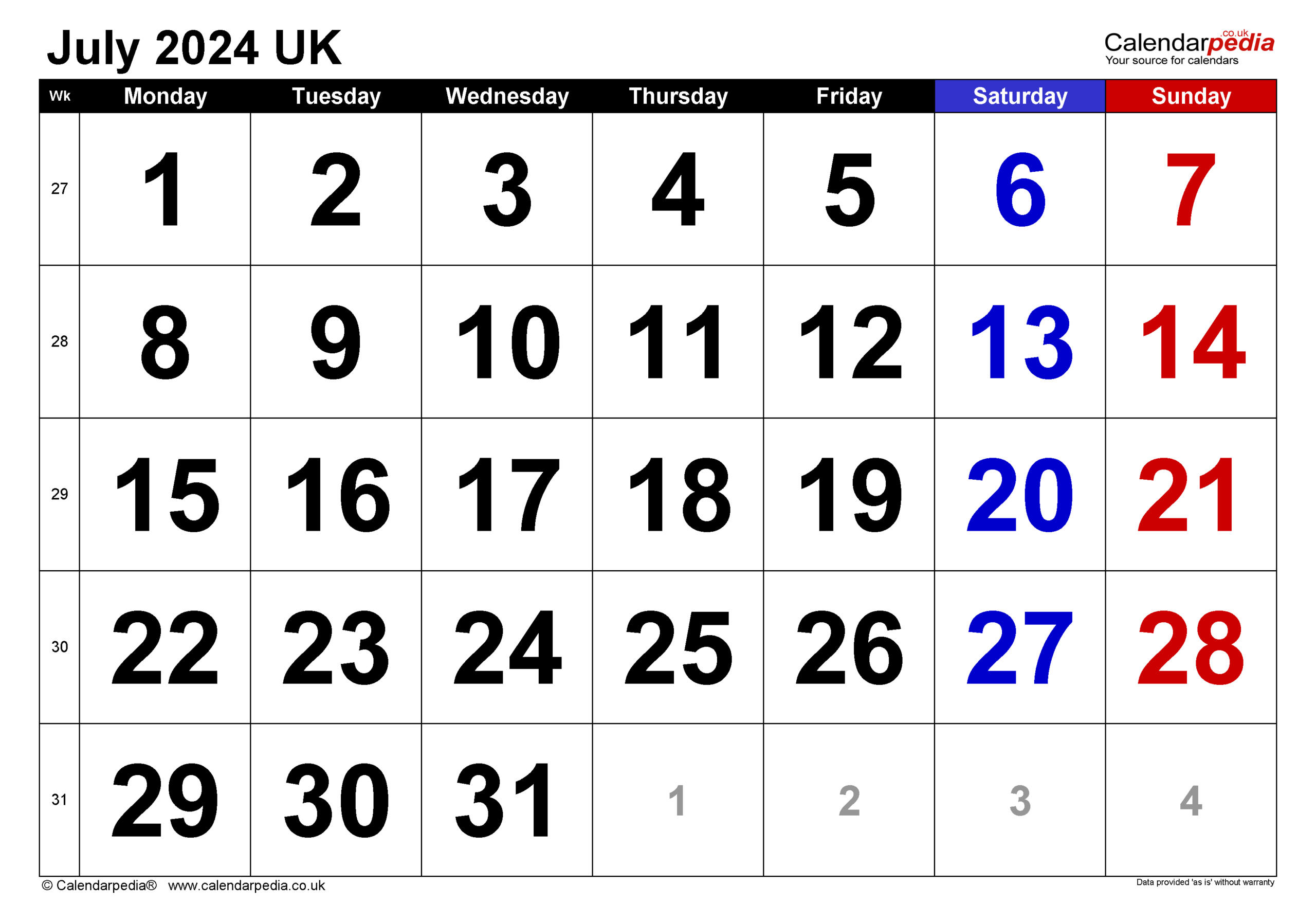 Calendar July 2024 Uk With Excel, Word And Pdf Templates | July 2024 Calendar UK