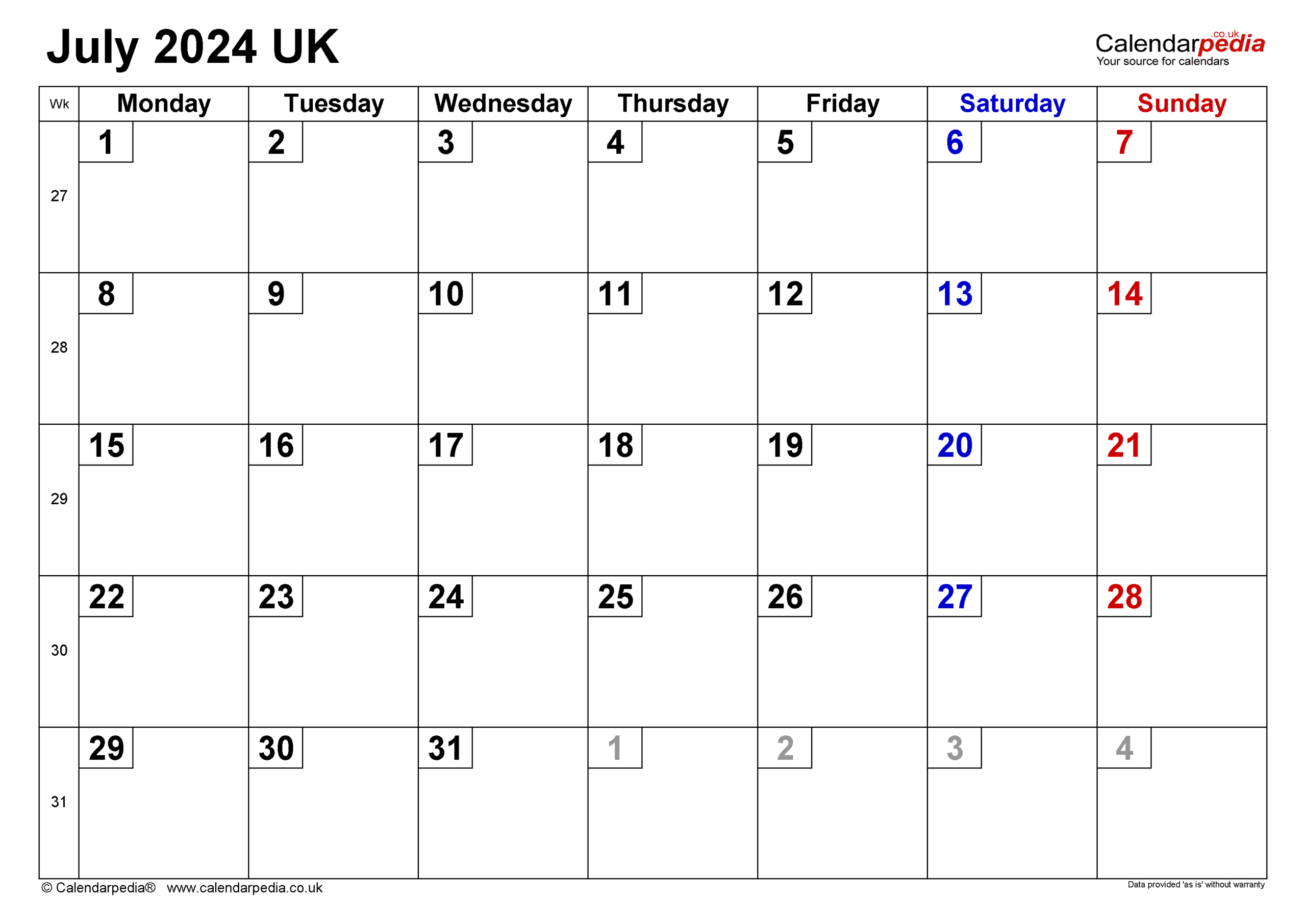 Calendar July 2024 Uk With Excel, Word And Pdf Templates | July 2024 Calendar UK