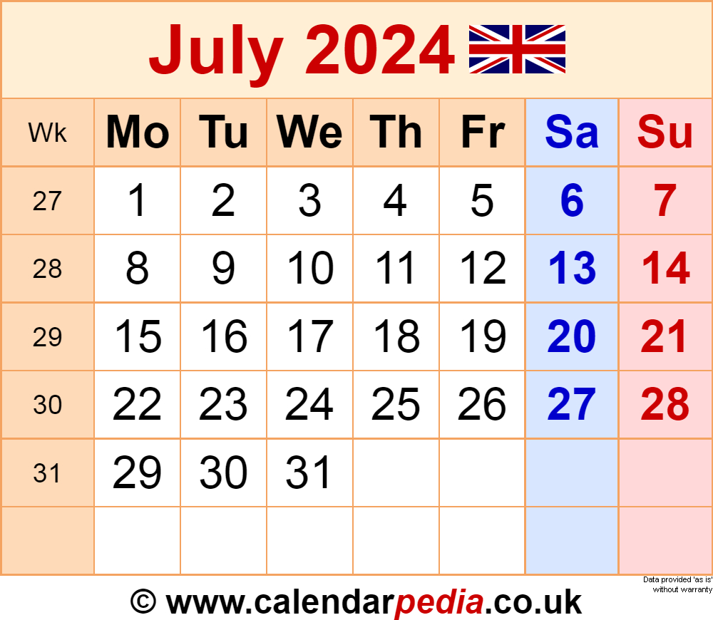 Calendar July 2024 Uk With Excel, Word And Pdf Templates | July 2024 Calendar Uk