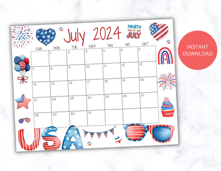 4th July 2024 Calendar Printable | Calendar 2024