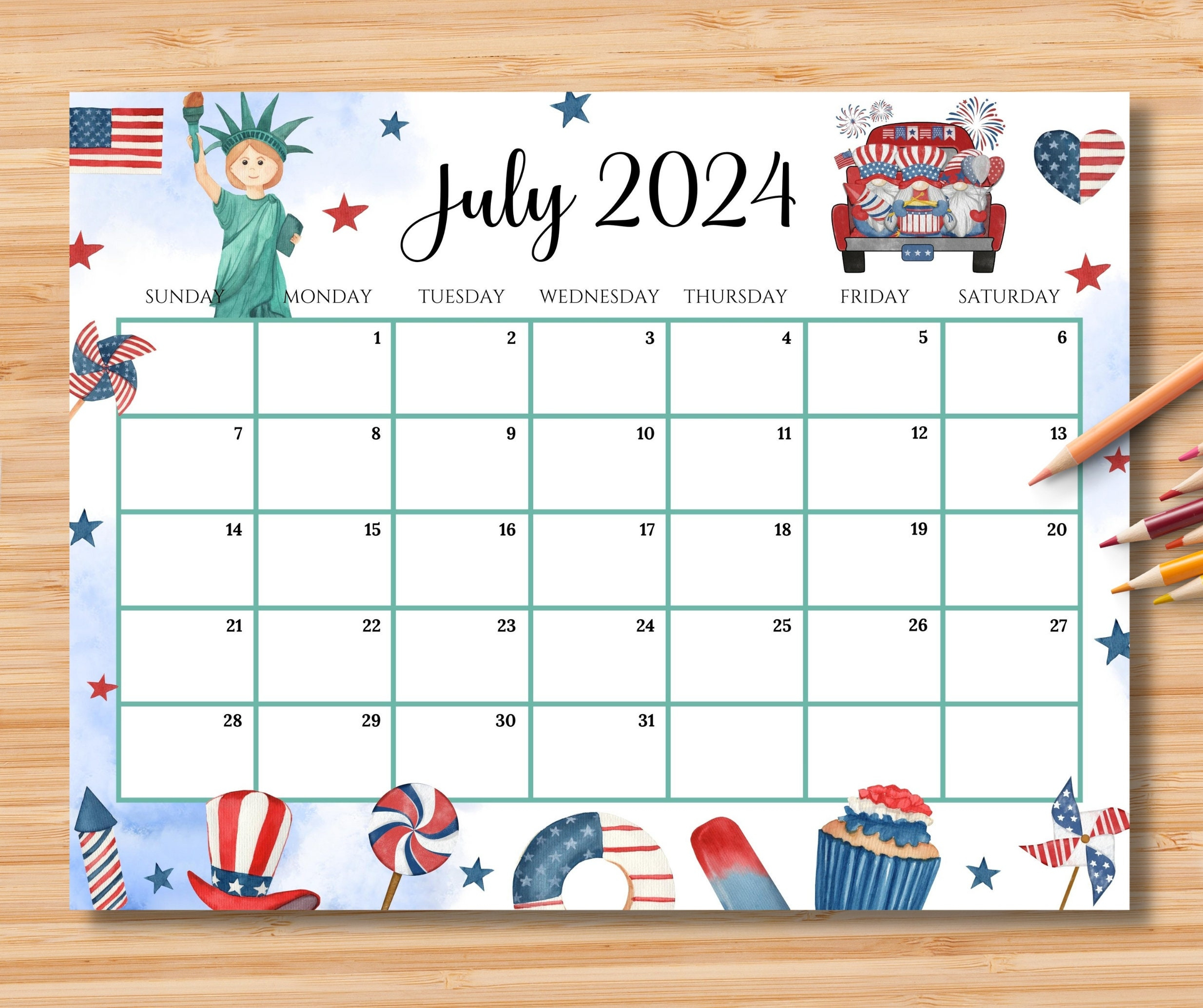 Editable July 2024 Calendar, 4Th July Independence Day, Printable | Editable Calendar 2024 July