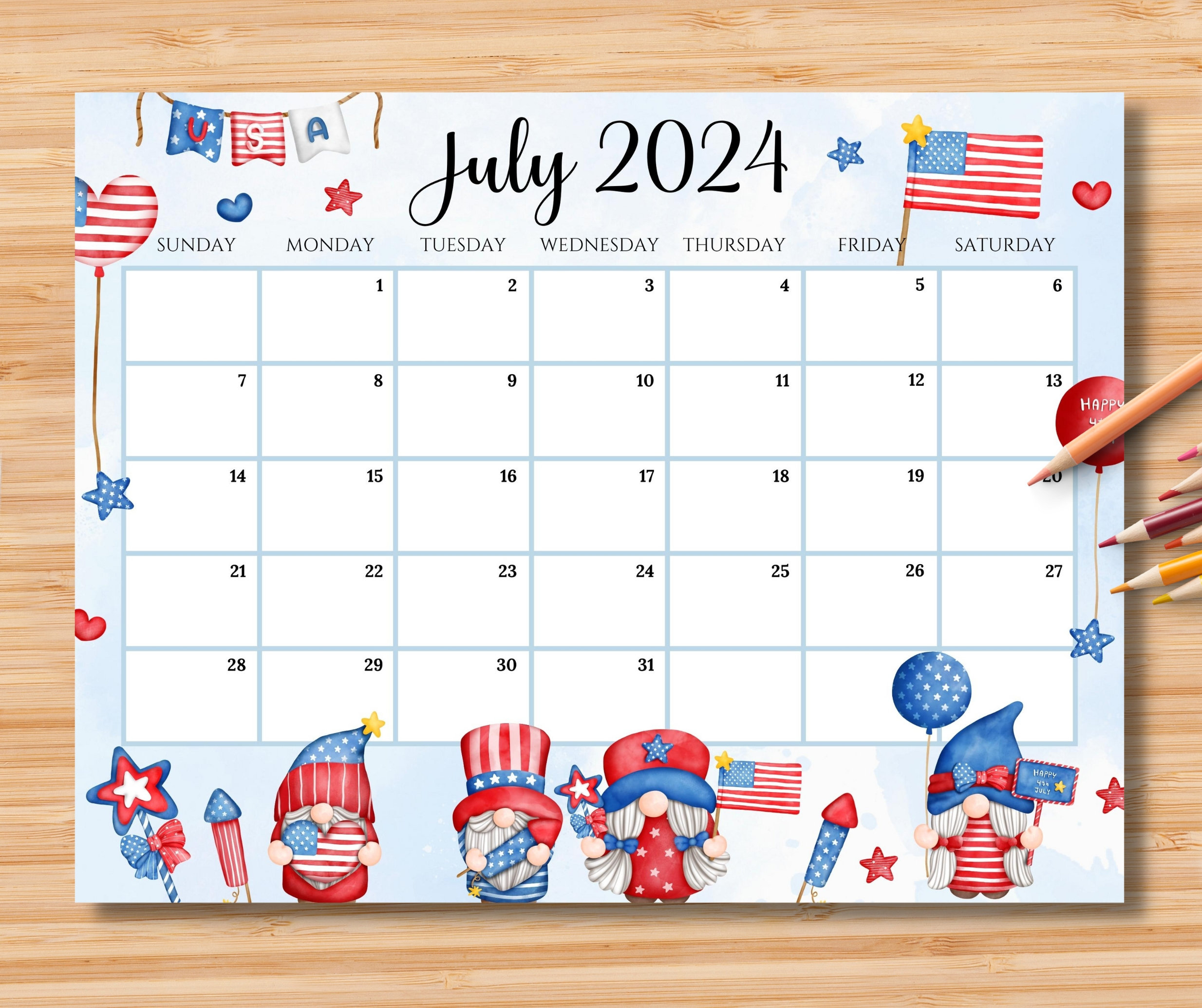 Editable July 2024 Calendar, 4Th July Independence Day With Cute | Calendar 2024