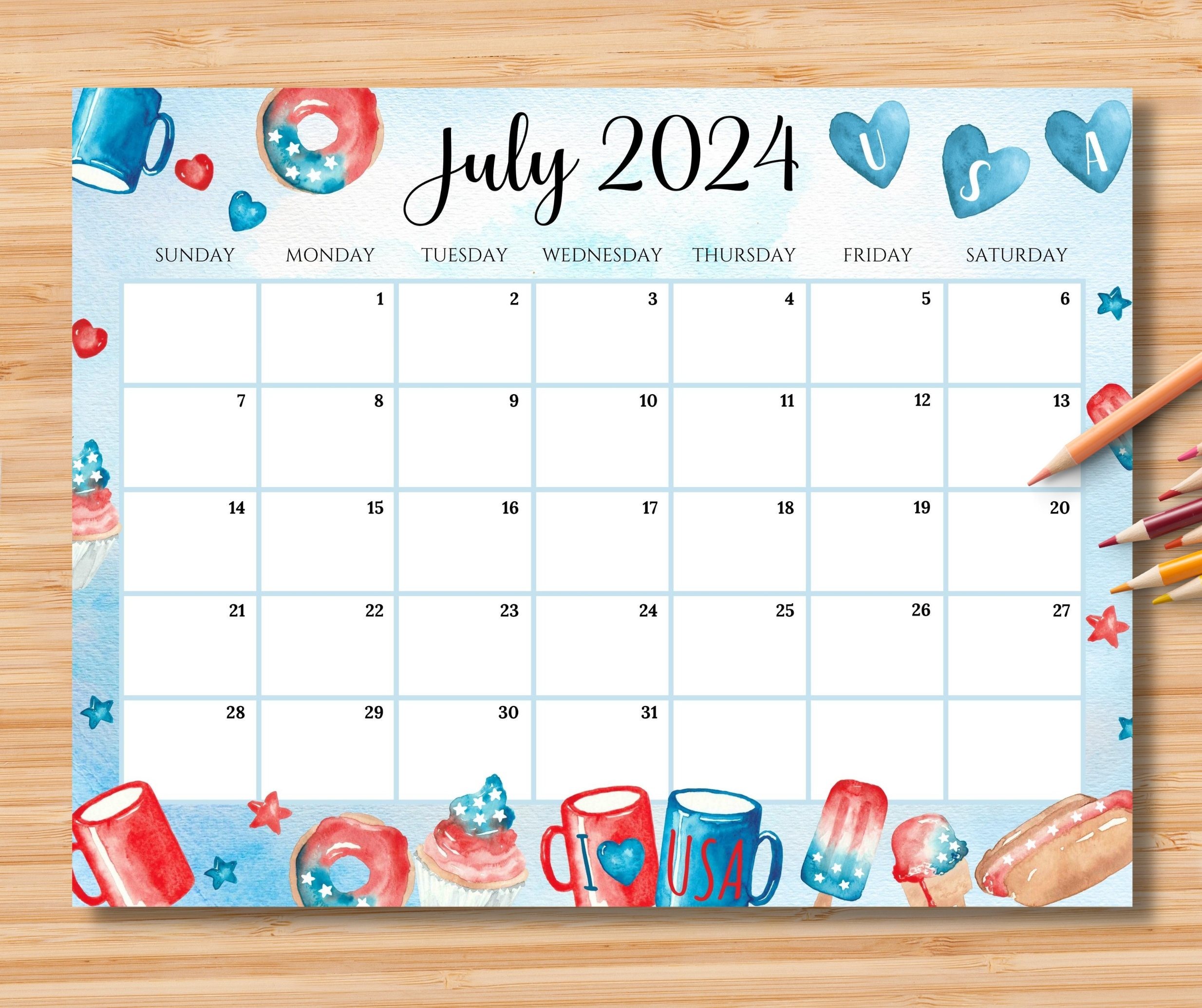 Editable July 2024 Calendar, 4Th Of July Independence Day Planner | Editable July Calendar 2024