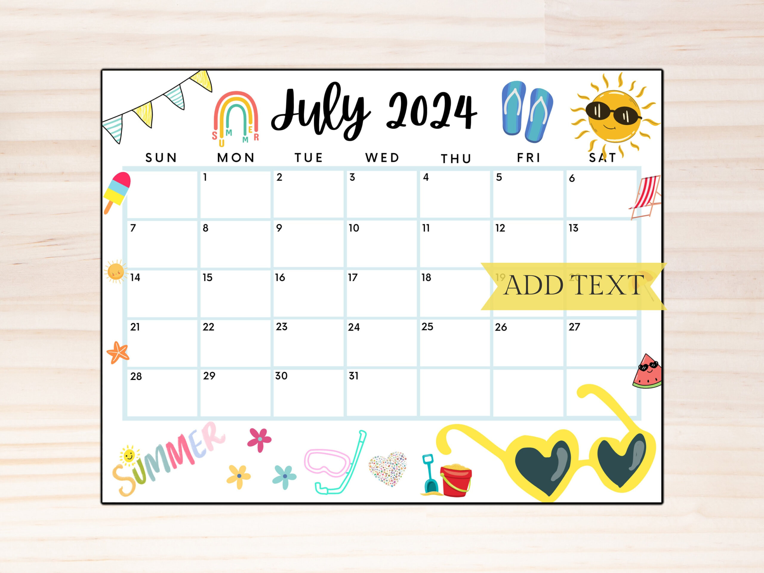 Editable July 2024 Summer Calendar, Printable July Calendar | July Fillable Calendar 2024